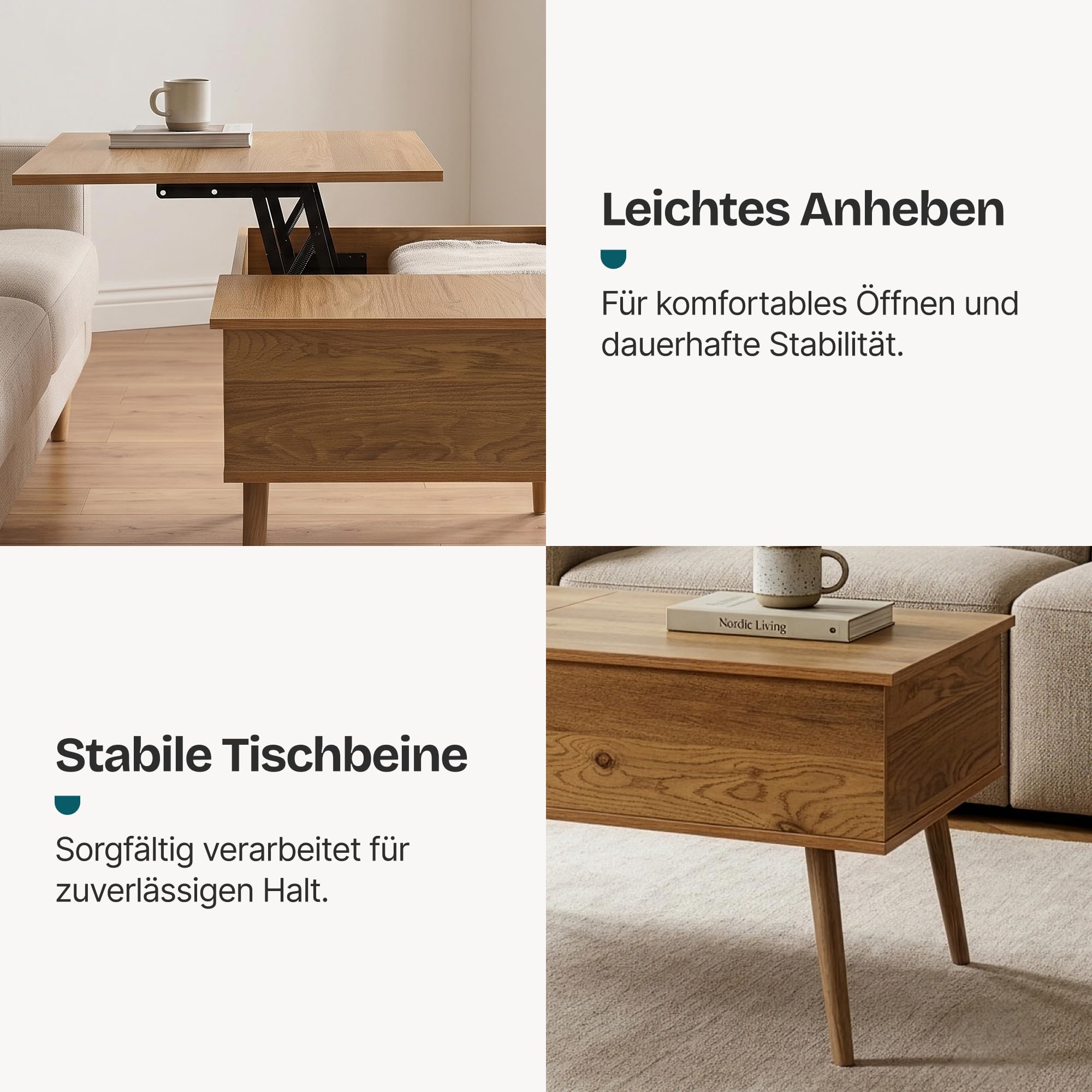[en.casa] Couchtisch Vasdabod mit Liftplatte 96x59x50 cm Eicheoptik | Couchtisch mit Stauraum, höhenverstellbar, Beistelltisch, Wohnzimmertisch, Sofatisch, rechtekig, 2 offene Ablagefächer