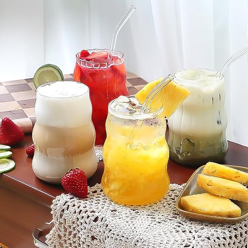 Pletmin 4 Pcs Ribbed Glass Cups, Vintage Drinking Glassware with Glass Straw 18 Oz Bubble Iced Coffee Cup for Juice, Tea, Beverage, Milk, Beer, Cocktails Ideal for Gift