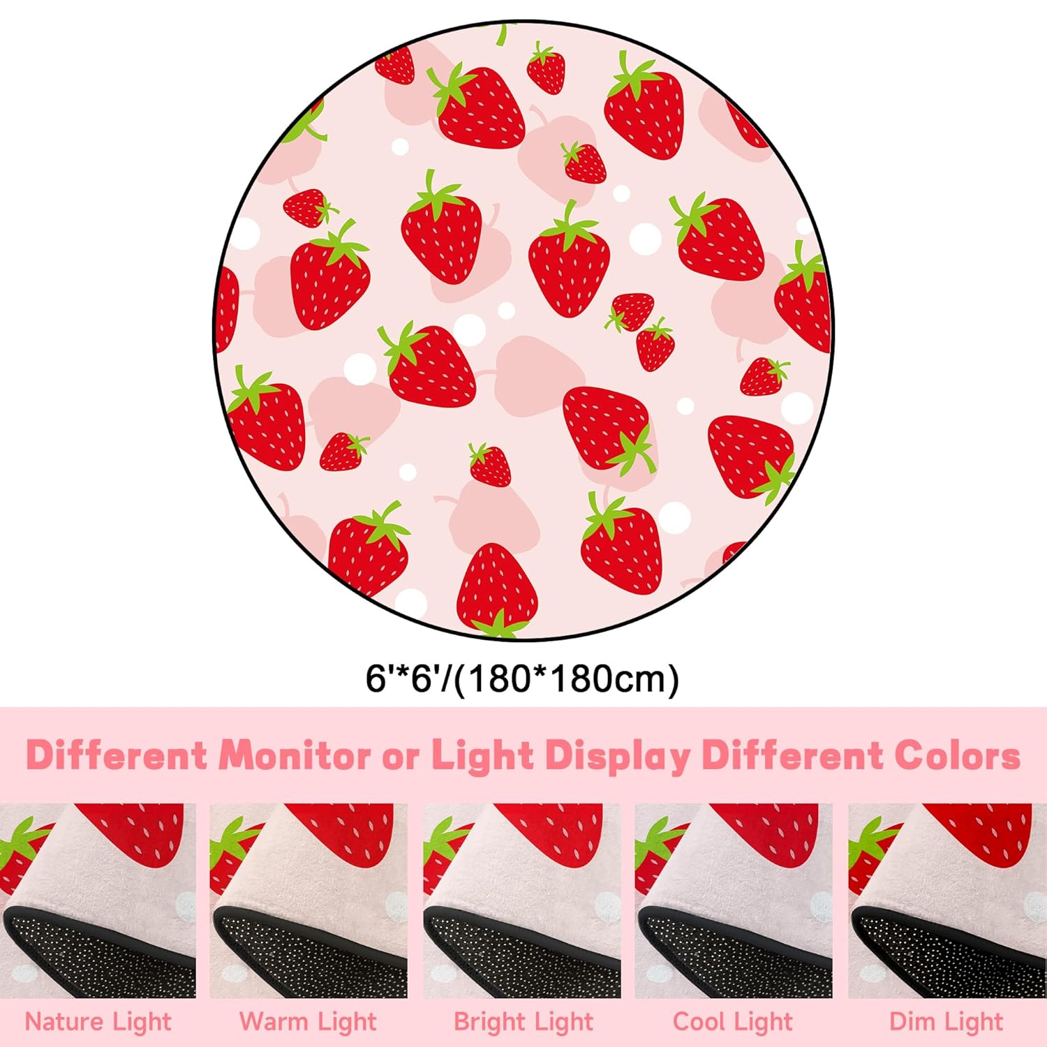 6Ft Strawberry Round Rug Kwaii Pink Circle Rugs for Bedroom Dorm Living Room Cute Area Rug Floor Mat Pad Doormat Carpet, 6'X6'(180x180cm)