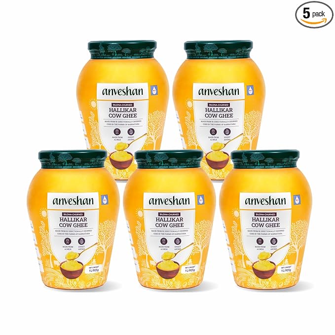 Anveshan A2 Cow Ghee 5L Combo(1Liter x 5 Jars) | Glass Jar | Bilona Method | Curd-Churned | Pure, Natural & Healthy | Lab Tested