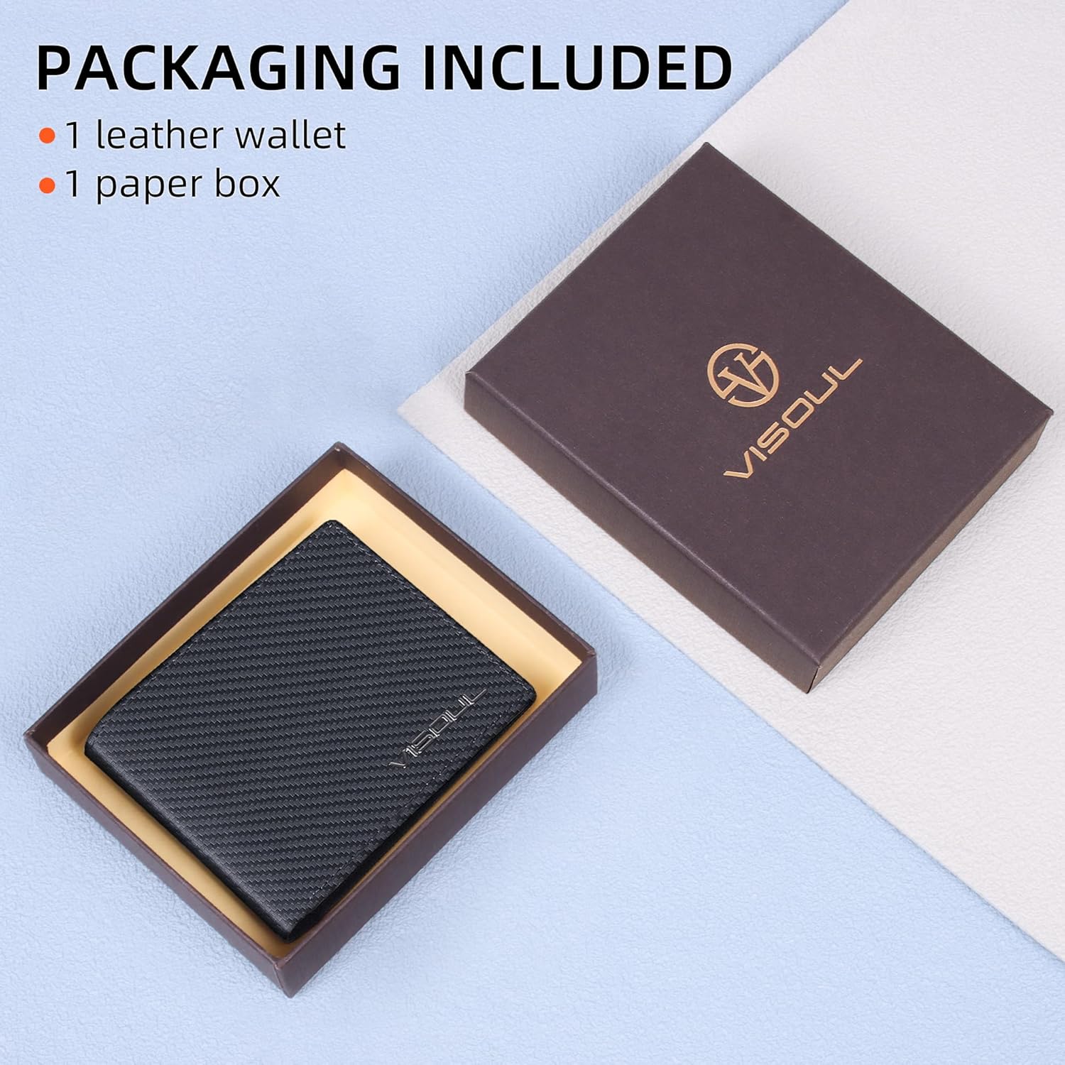 VISOUL Mens Bifold Wallet with 2 ID Windows Carbon Fiber Leather, RFID Blocking Secure Designer Billfold Wallets for Men with Two Cash Compartments (Black+Orange Red) - Image 7