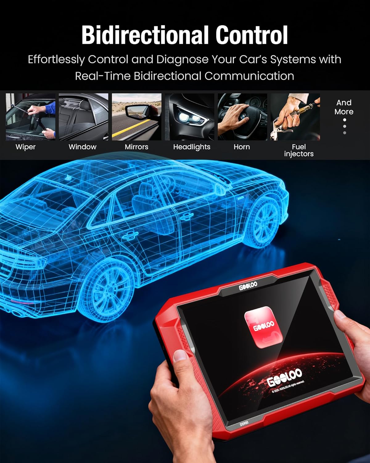 The GOOLOO DS900 tablet demonstrating bidirectional control functions, with icons for testing wipers, windows, mirrors, headlights, horn, and fuel injectors.