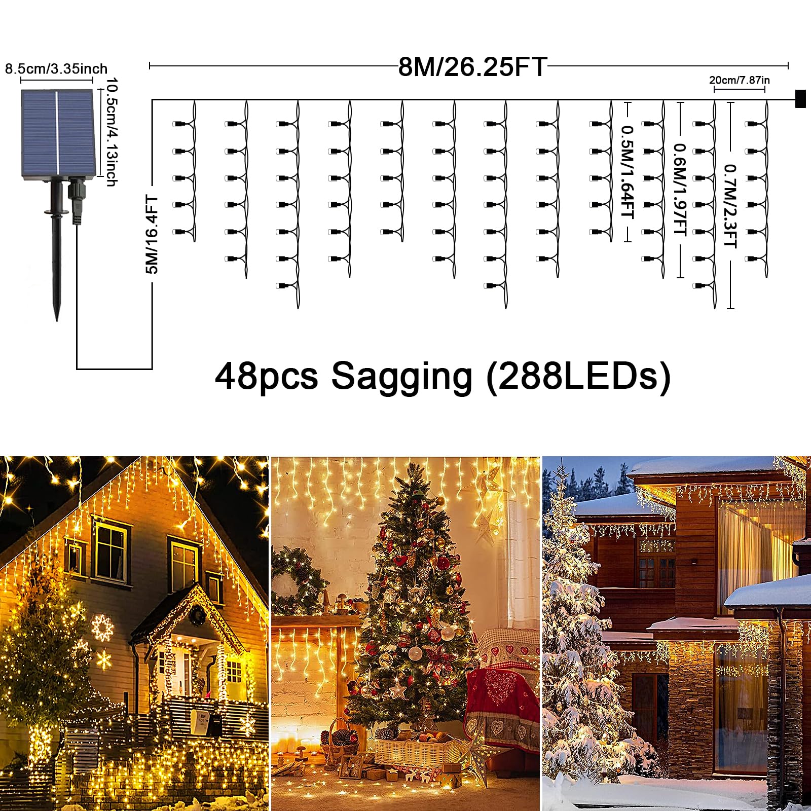 Luci a Cascata per Esterni, 8 M 288 LEDS Luci Natalizie Solari a Forma di Ghiacciolo con Telecomando a 8 Modalità, Luci a Stringa Impermeabili per Tetto, Giardino, Feste, Patio, Decorazioni Natalizie