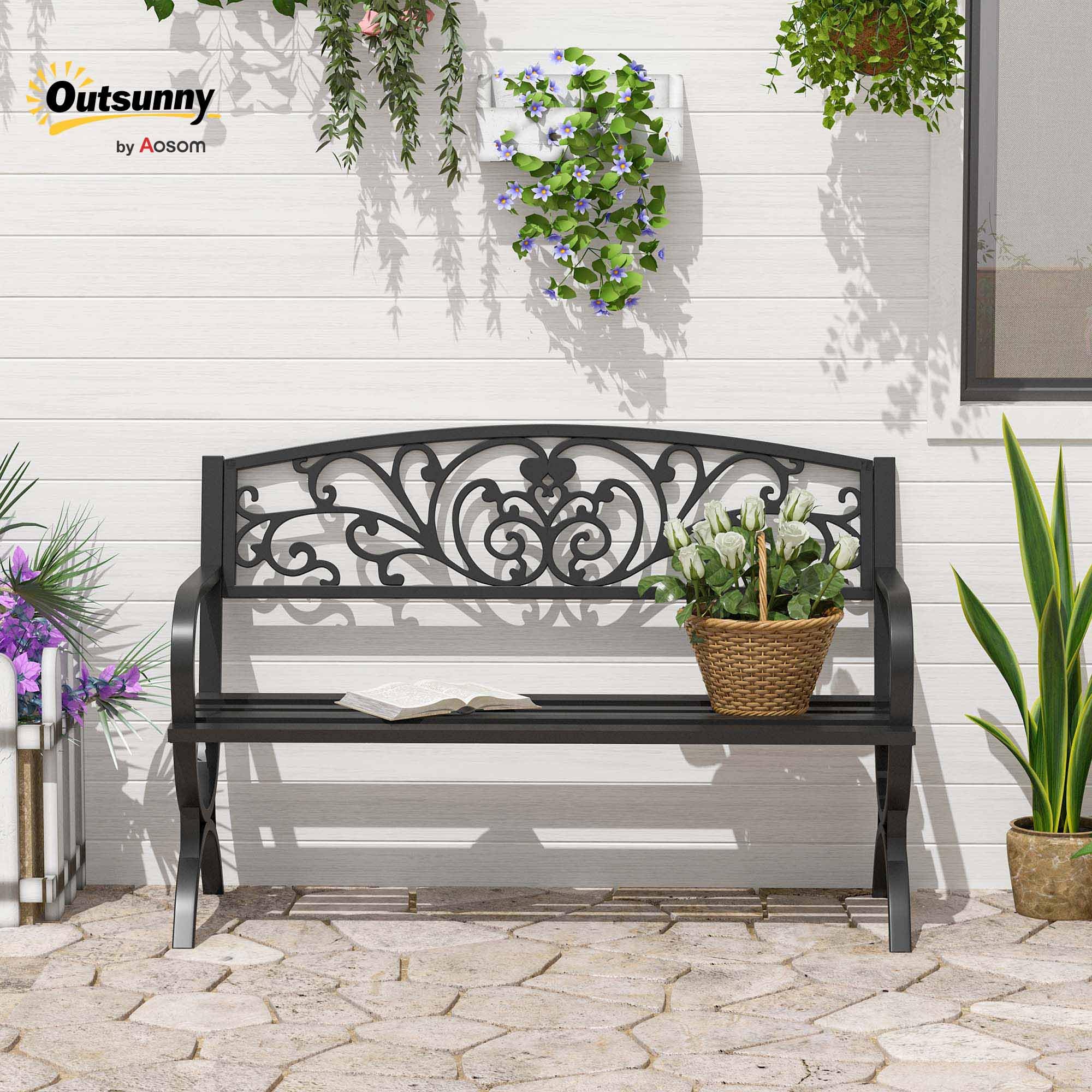Outsunny Banc de Jardin terrasse en Acier Fonte Noir 3 Places 127 x 60 x 85 cm Charge Max 240 Kg