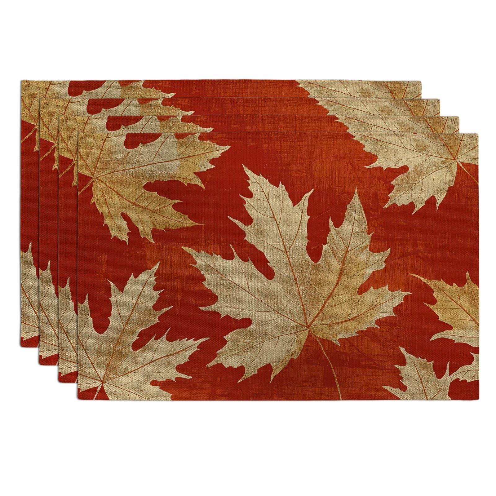 Autumn Maple Leaves Placemats, Orange Rustic Leaf Place mats for Dining Table, Non-Slip Washable Indoor Outdoor Gathering Decorative Placemat Set of 4