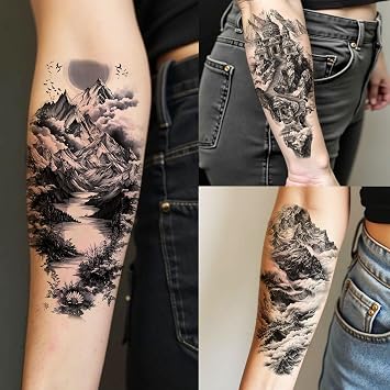 72 Sheets Realistic Mountains Temporary Tattoos For Women Men Adults, Waterproof Hill Rivers Waterfalls Sea Ocean Waves Fake Tattoo Stickers, 3D Bulk Temp Black Half Arm Sleeve Tattoo Castle