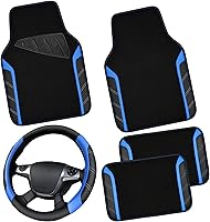 CAR PASS Universal Leather Steering Wheel Cover & Waterproof Floor Mats Set - Fits 95% Sedans SUVs Trucks - Black Blue Anti-Slip Sporty (14.5-15")