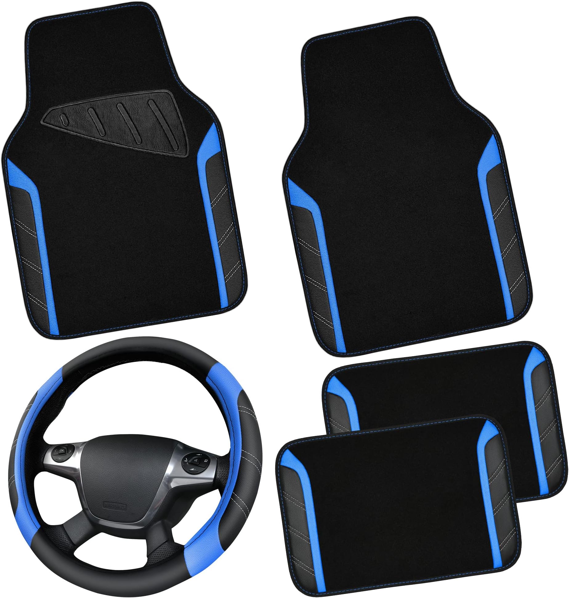 CAR PASS Leather Steering Wheel Cover and Waterproof Car Floor Mats,Microfiber Universal Car Combo Fit for 95% Sedan,SUV,Cars,14.5-15inch Sporty Anti-Slip Safety Comfortable Design(Black&Blue)