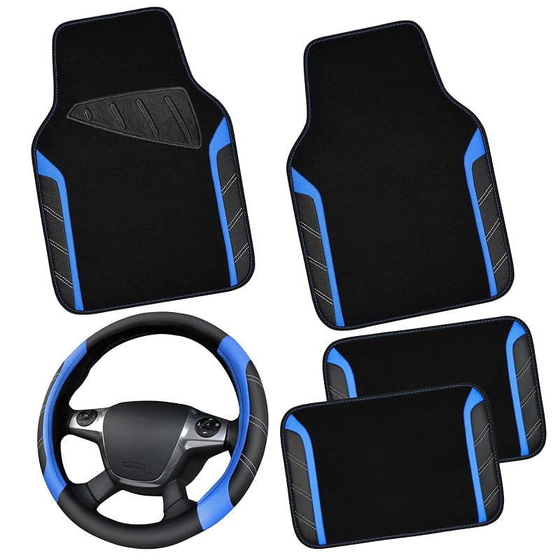 Kit de Capa para Volante e Tapetes Automotivos CAR PASS em Couro de Microfibra Preto e Azul, para Volantes de 36,8–38,1 cm