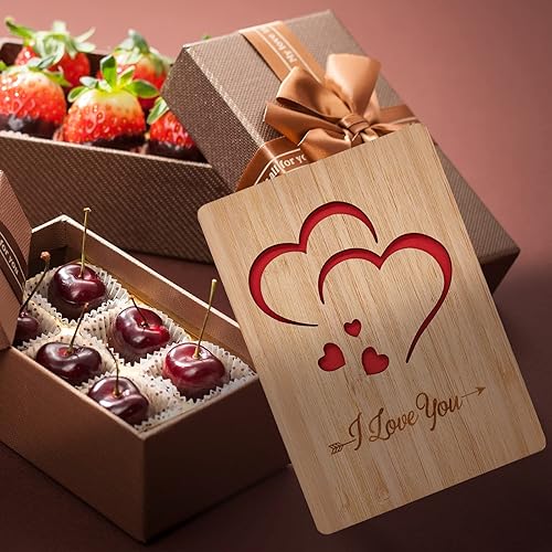 Miniatura 6 de Tarjeta de aniversario de boda, tarjeta de felicitación clásica de madera con corazones, tarjetas con texto en inglés "I Love You", hechas a mano