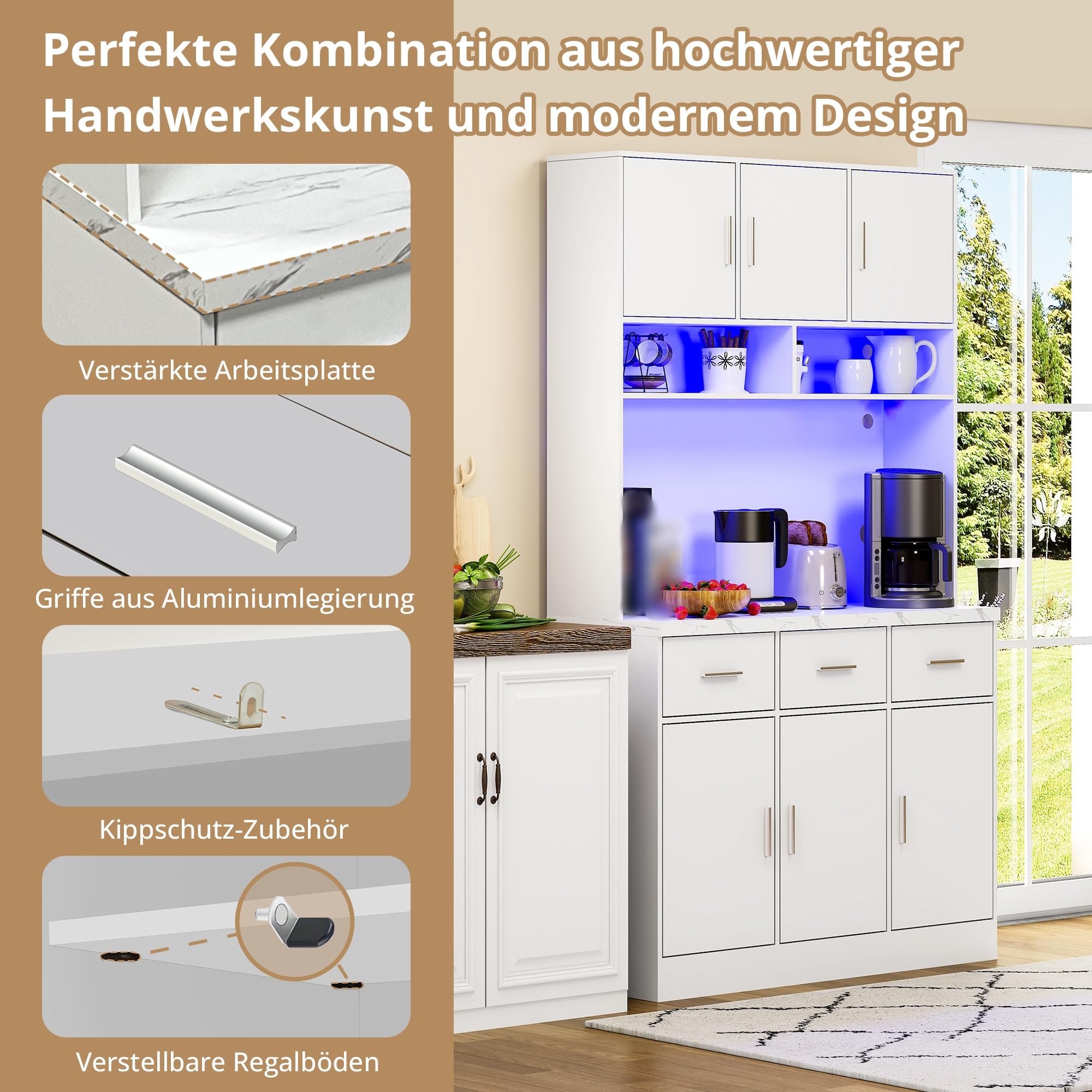Küchenschrank 100x40x180cm, Buffetschrank mit Arbeitsplatte, Hochschrank mit LED-Beleuchtung und Steckdosen, verstellbaren Regalen und 3 Schubladen, für Küche Wohnzimmer, Weiß