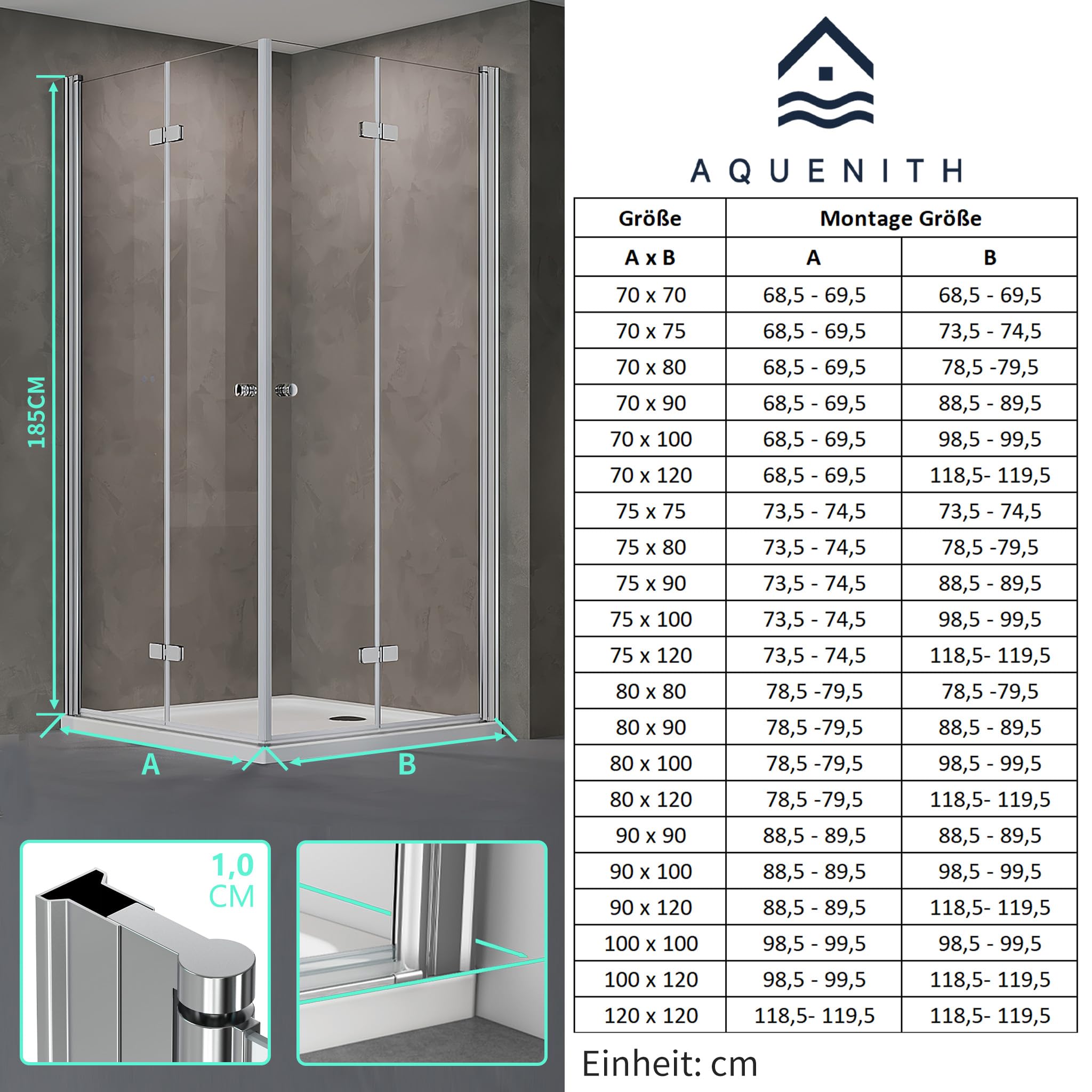 Duschkabine 90x90x185cm Eckeinstieg Doppel Falttüren Eckdusche | Rahmenlos Duschabtrennung mit 6mm Sicherheitsglas ESG Klarglas,Platzsparend,Hebe-Senk-System
