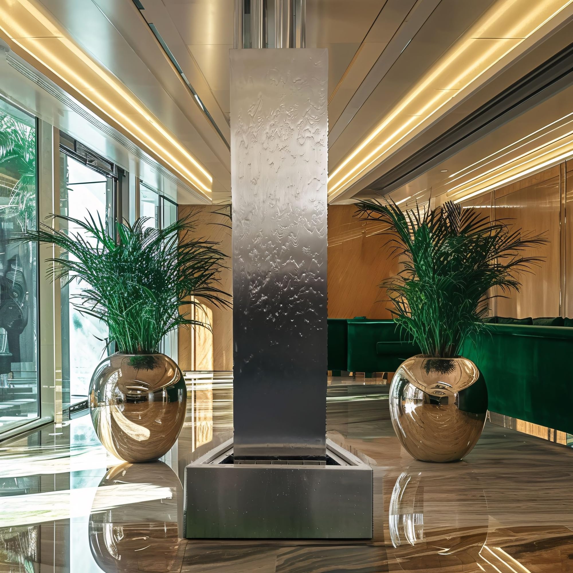Köhko® Dreieckige Säule H200cm mit integrierte LED-Beleuchtung auf Dreieckige Edelstahl Becken Matte Gartenbrunnen aus Edelstahl