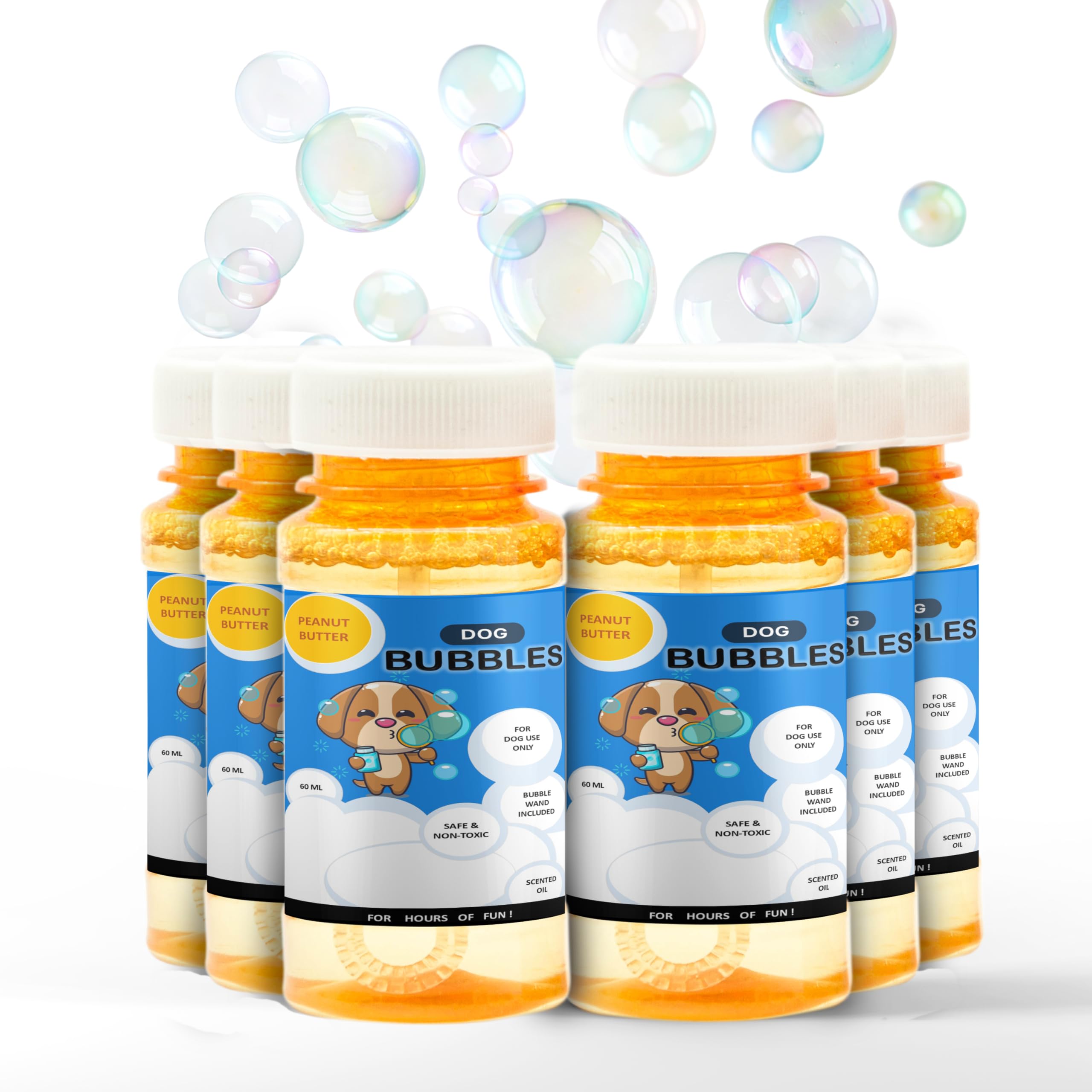 6x Dog Bubbles for Interactive Play Toys with PEANUT BUTTER & BEEF Meat Scents — Safe, Scented Oil — Perfect for Boredom, Dogs Gifts, Travel, Bubble Mix (360ml (6 Bottle of 60ml), Peanut Butter)