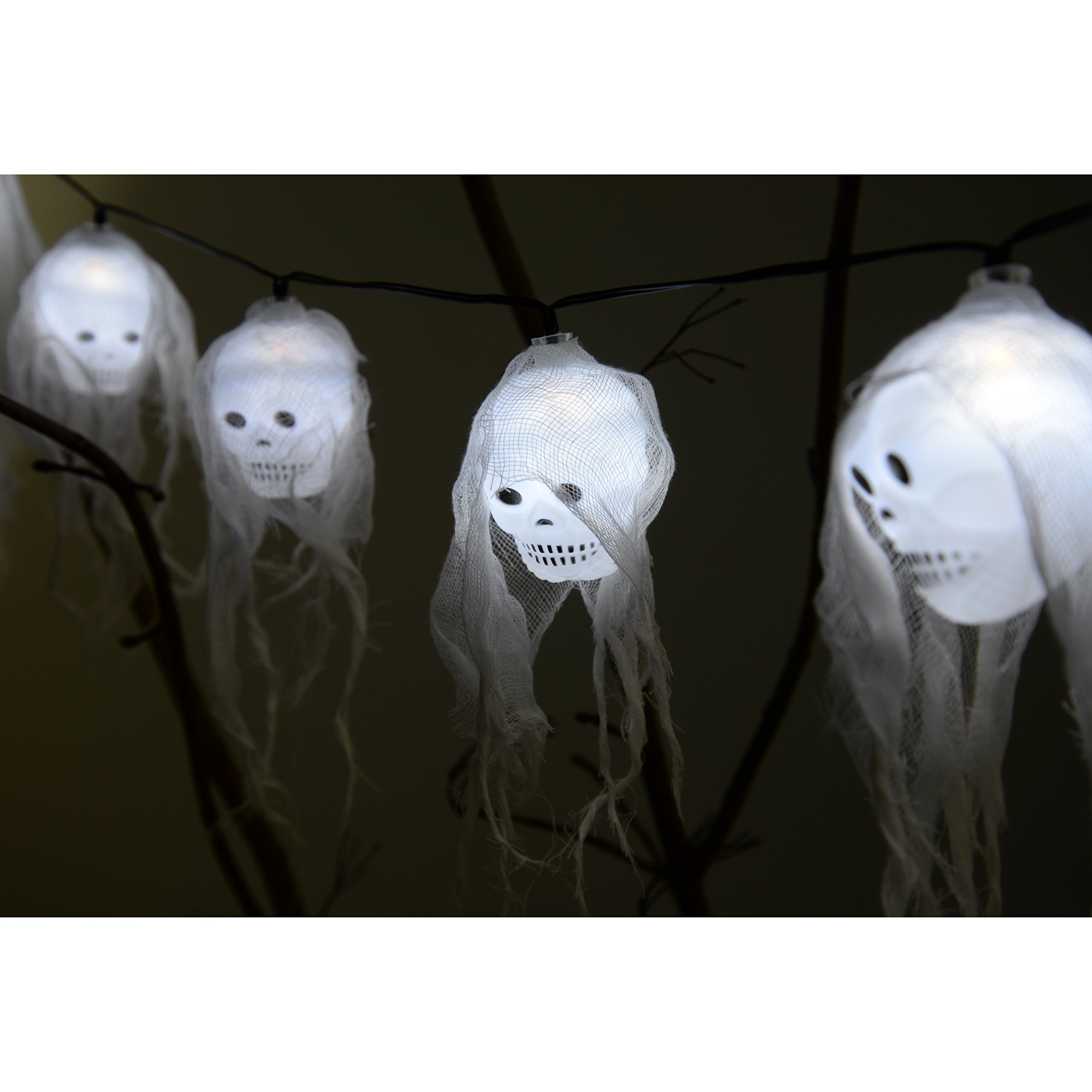 WeRChristmas Skull Lights with Mesh Fabric Shades Halloween Decoration with 20-LED - White, 20 LED - Image 3
