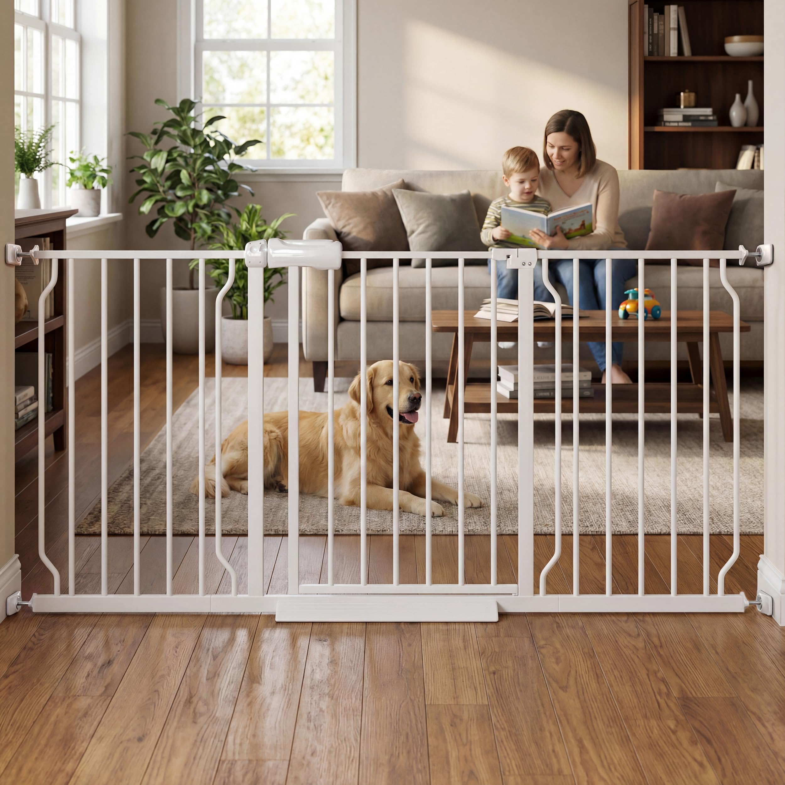 TSAYAWA 57.5"-62.2" Extra Wide Auto Closing Baby Safety Gate for Stairs & Doorways, Pressure Mounted No Drill Pet Gate with Walk-Through Door - Heavy