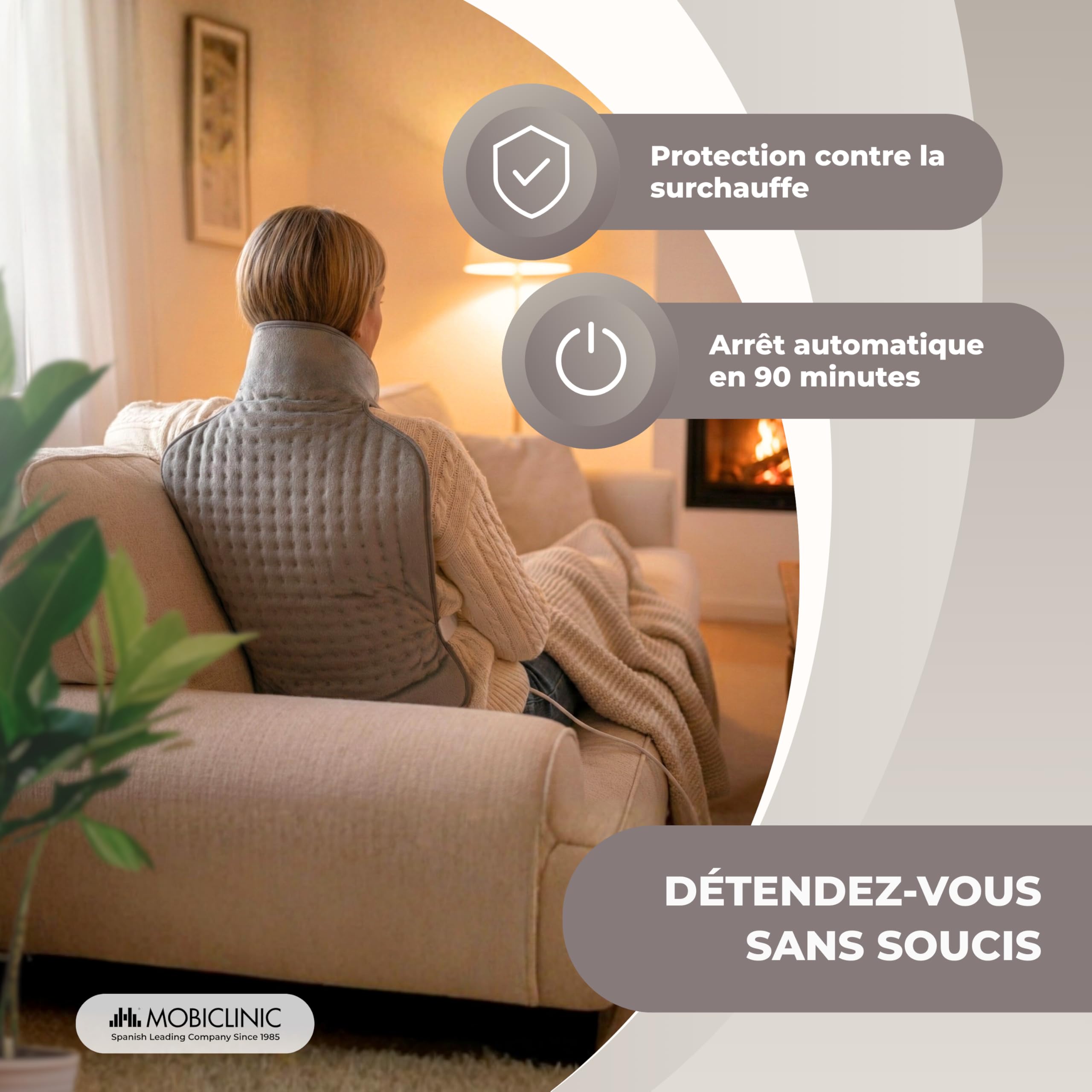 Mobiclinic®, Coussin chauffant pour le dos et la nuque, Très faible consommation, 62x43, Marque européenne, 3 niveaux de chaleur, Arrêt automatique, Lavable, Les lombaires cervicales, Gris