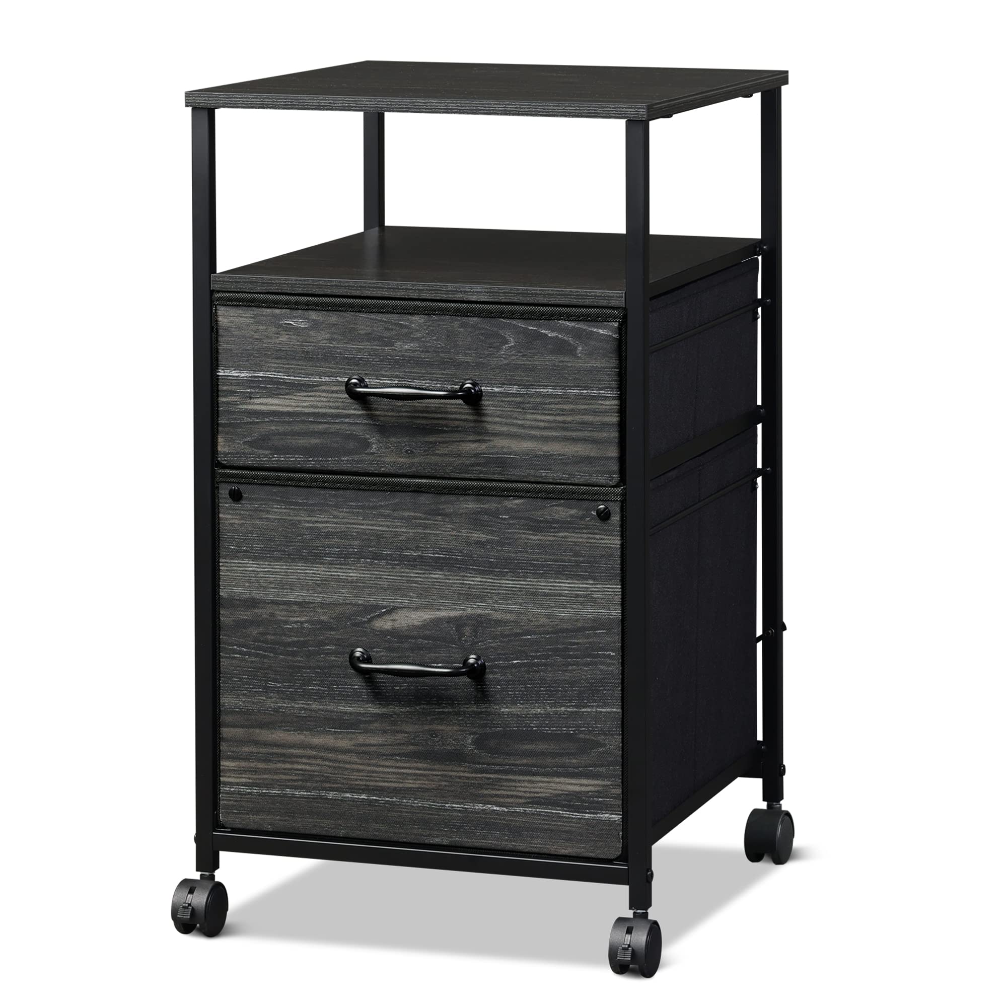 Photo 1 of DEVAISE 2 Drawer Mobile File Cabinet, Rolling Printer Stand with Open Storage Shelf, Fabric Vertical Filing Cabinet fits A4 or Letter Size for Home Office, Charcoal Black Wood Grain Print Charcoal black wood grain print