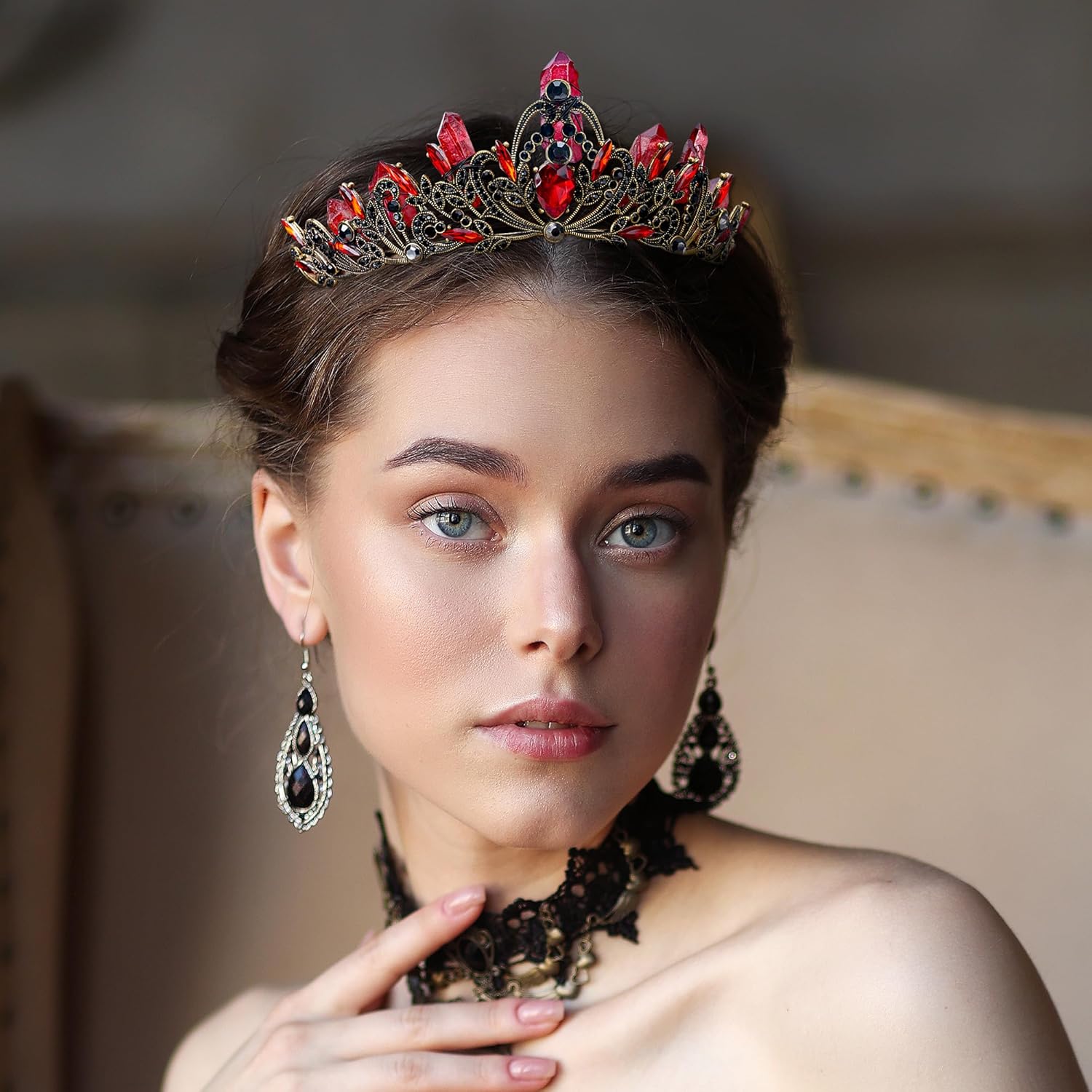 Baroque Rhinestone Fairy Crown for Women - Vintage Gothic Witch Headpiece, Goddess Princess Crown Vampire Queen Prom for Women Halloween Costume Birthday Cosplay Accessories - Image 2