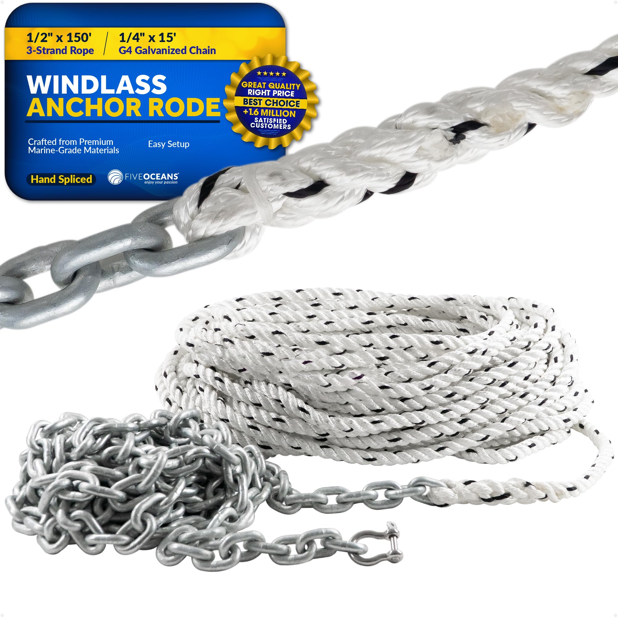 Five Oceans Windlass Anchor Rode, Hand-Spliced Anchor Rope and Chain Combination Kit, Nylon 3-Strand Rope, HT G4 Hot-Dipped Galvanized Steel Chain for Boat Anchor Systems - Multiple Sizes