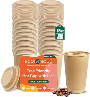 ECO SOUL 16 Oz Disposable Paper Coffee Cups with Lids (200 Pack)