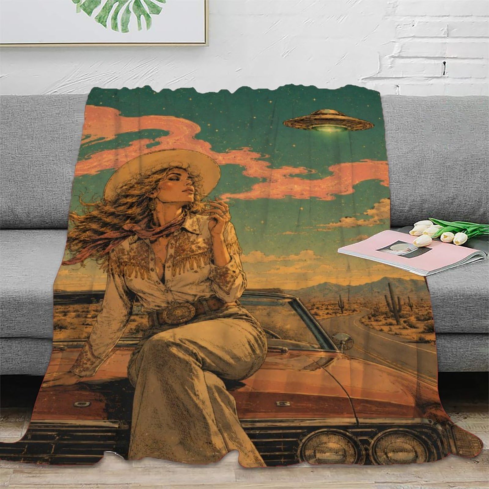 H3B8U2Y5 UFO Cowgirl Desert Road Blanket, Flannel, Sofa, Retro Cosmic Art