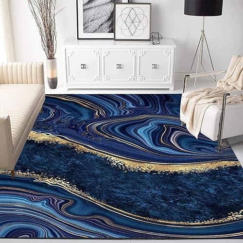 Miniatura 3 de Lujosa alfombra de área con textura de mármol azul zafiro, pintura abstracta de tinta azul marino dorada, alfombra grande antideslizante para