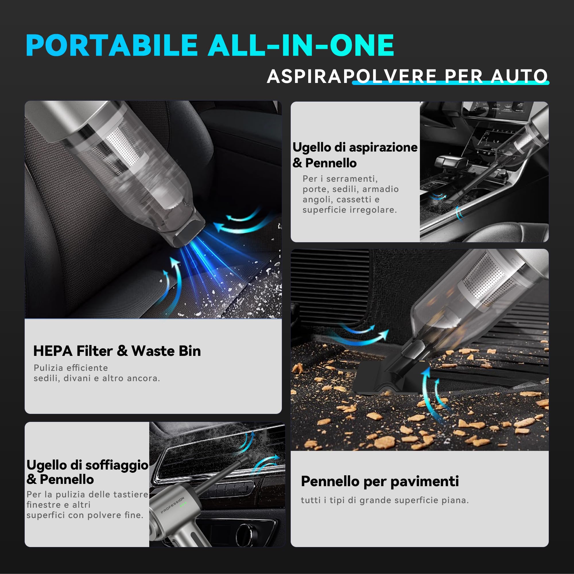 Aspirabriciole Senza Fili | 28000Pa Aspirapolvere Auto Potente │ Mini Portatile per Casa Auto Animali (Grigio)