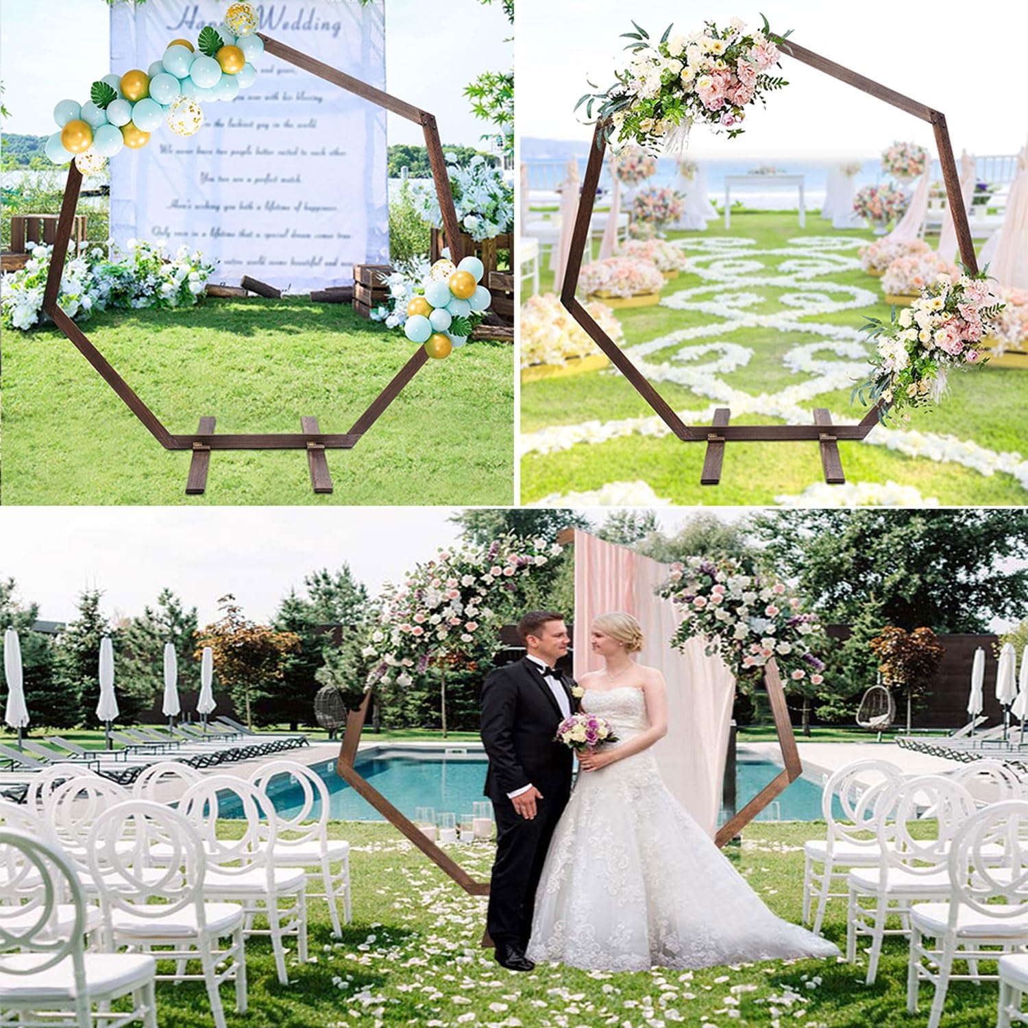 Heptagonalny drewniany łuk ślubny – rustykalny stojak na tło z altaną na ceremonie przyjęcia w ogrodzie dekoracja wnętrz / na zewnątrz motyw jesienny elegancki drewniany wystrój