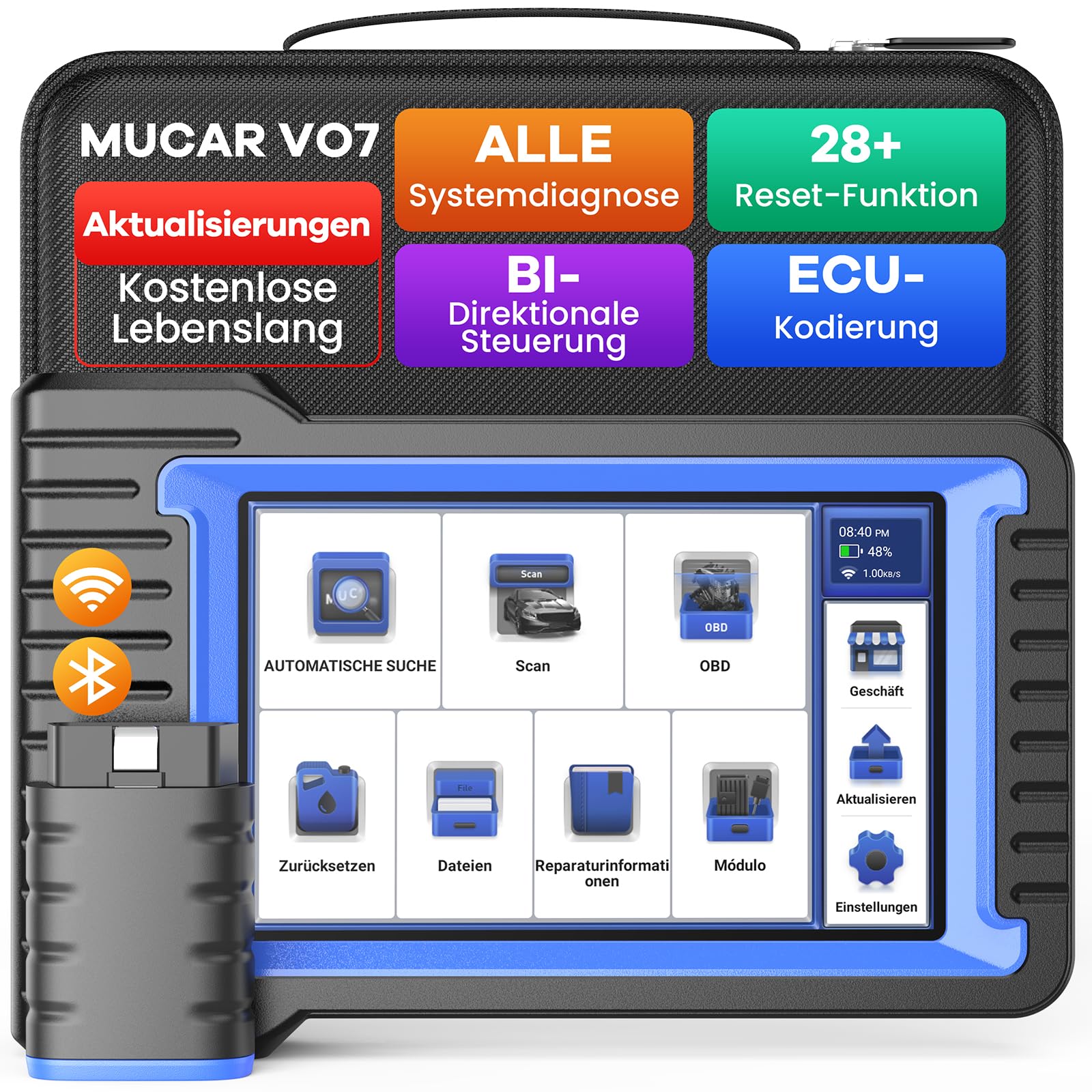 OBD2 Diagnosegerät, MUCAR VO7 Auto Diagnosegerät Mit Volle Systemdiagnose + 28 Reset-Funktion, Auto Auslesegerät Für ECU-Kodierung/BI Direktionale Steuerung, Lebenslange kostenlose Aktualisierungen