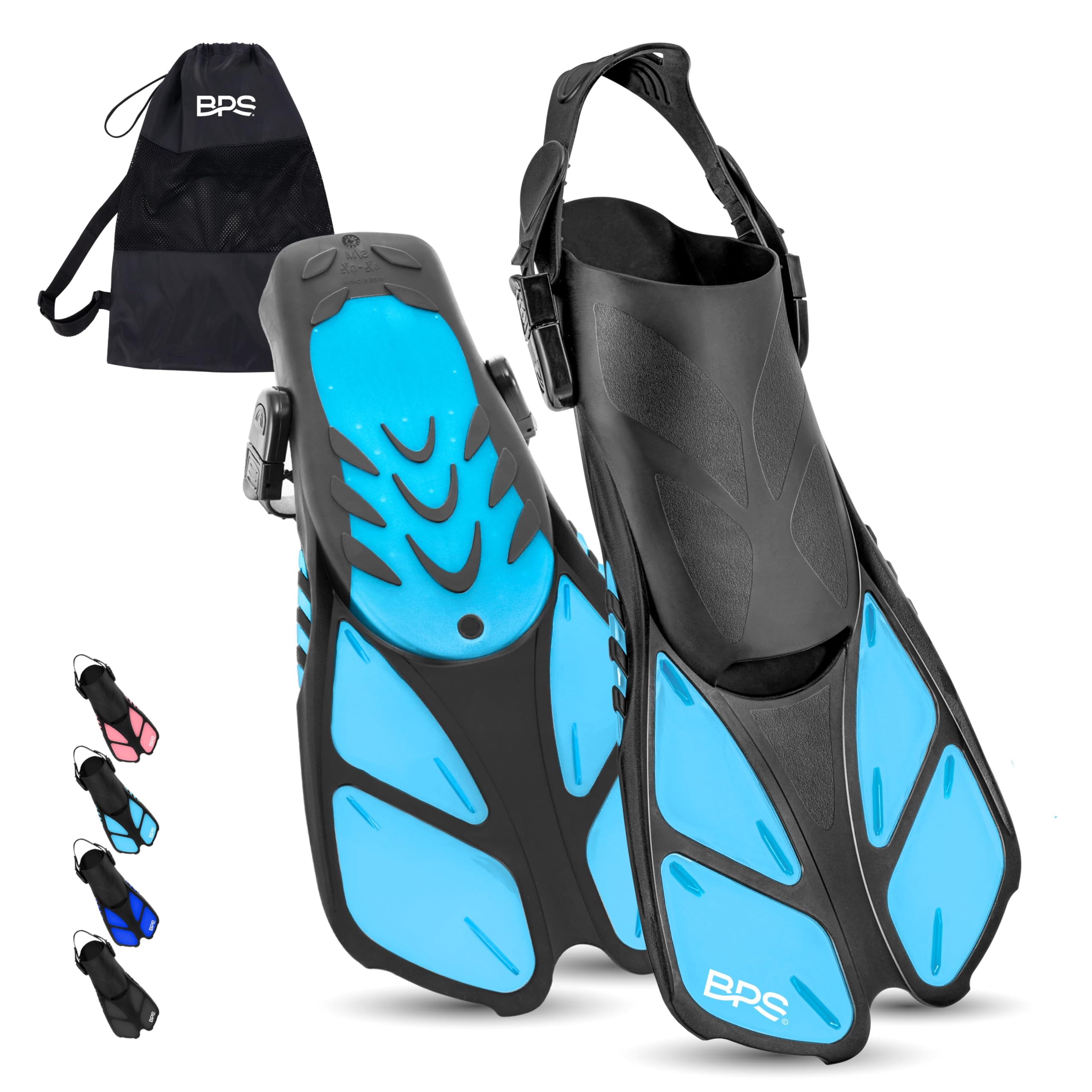 BPS New Zealand Snorkel Fins Travel Size Open Heel Short Adjustable Swim Fins for Swimming Adult Snorkeling Diving Scuba Flippers Men Women Kids