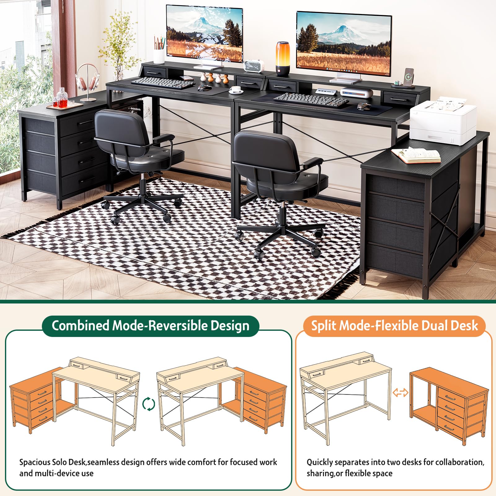 Escritorio Gaming Esquinero con Cajones y Soporte para Monitor | Reversible izquierda/derecha, 135 × 100 cm, Negro, Ideal para PC y oficina en casa