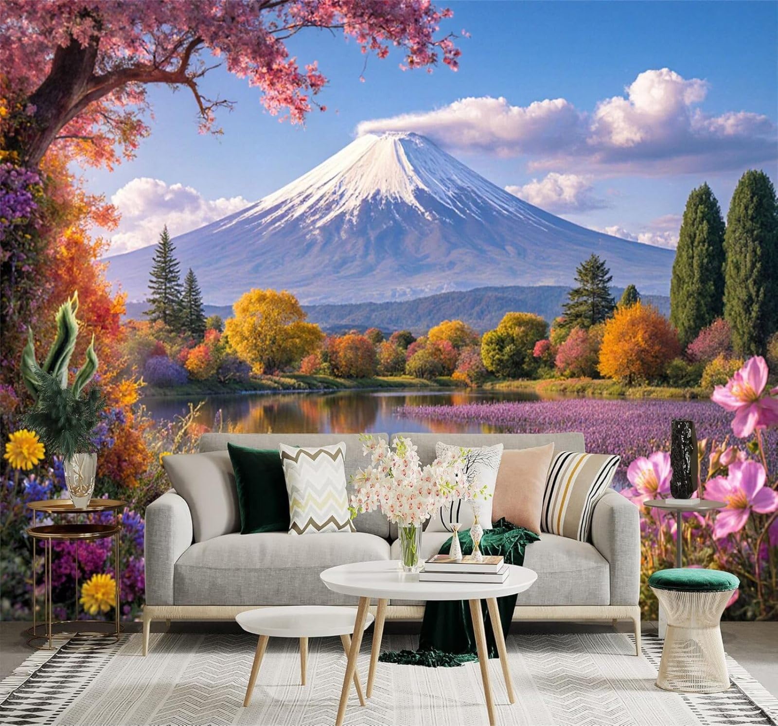 Tzxztt Snow Capped Mountains Lakes Colourful Flowers Spring Scenery Modern 3D Wallpaper Premium Textured Silk Neutral Tones Material Ideal for Living Room Bedroom-250cm×170cm