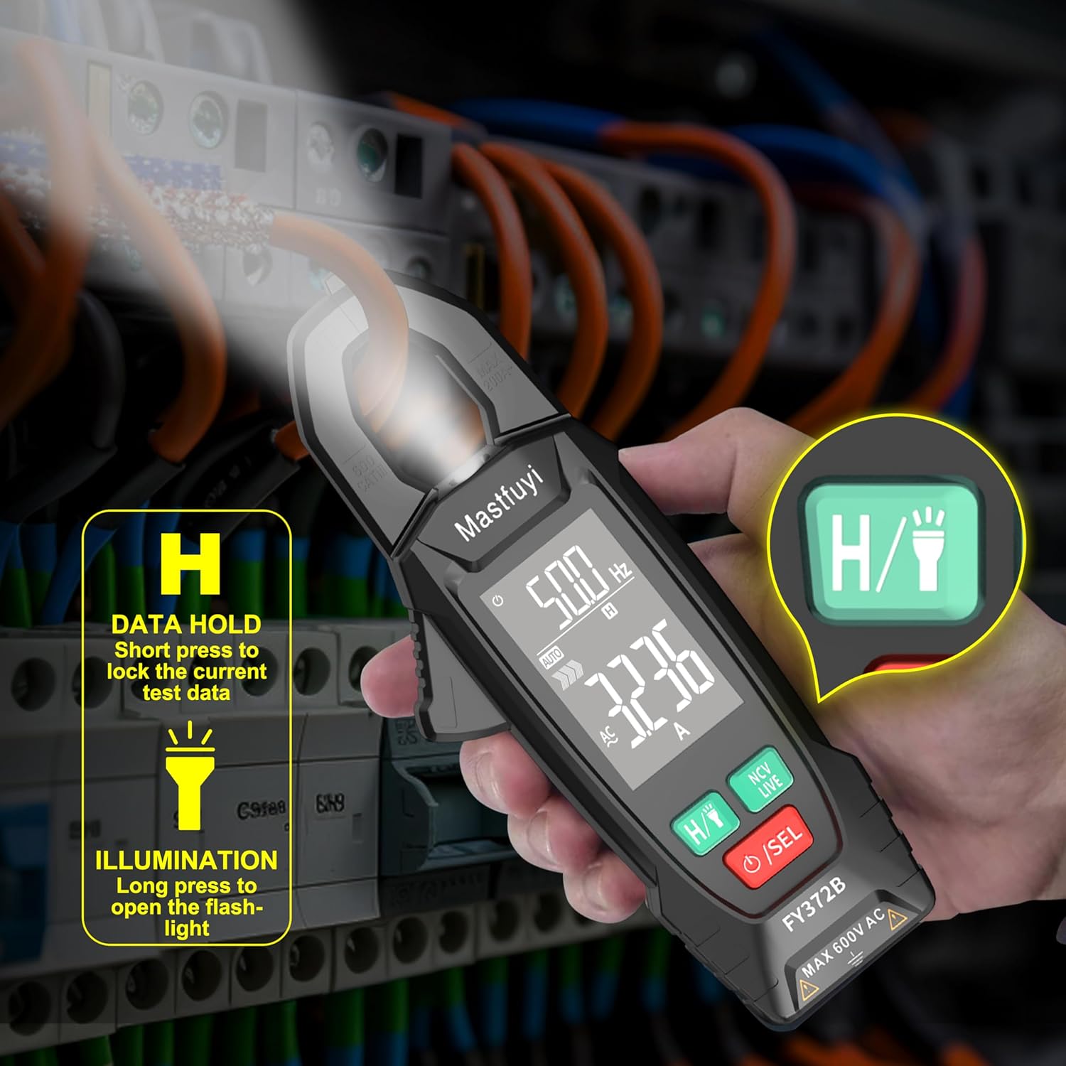 Mastfuyi FY372B Clamp Meter with LED flashlight and Data Hold