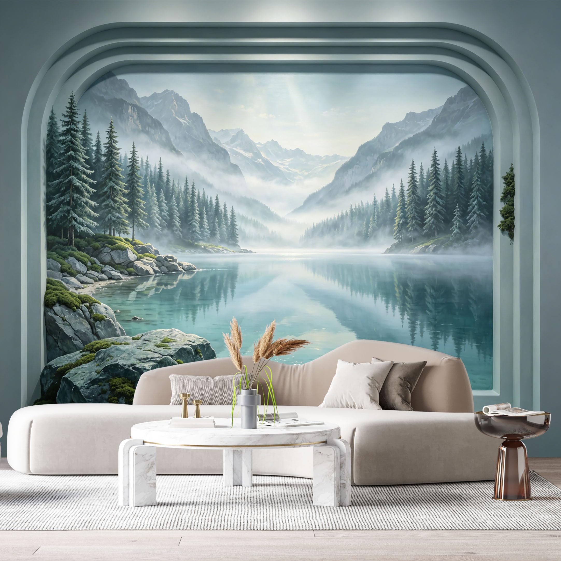 Custom Size Wall Murals Mountain Lake Pine Forest Landscape 3D Trompe L'Oeil SelfAdhesiveWall Fabric Removable Wallpaper Wall Decor for Living Room Bedroom Bathroom