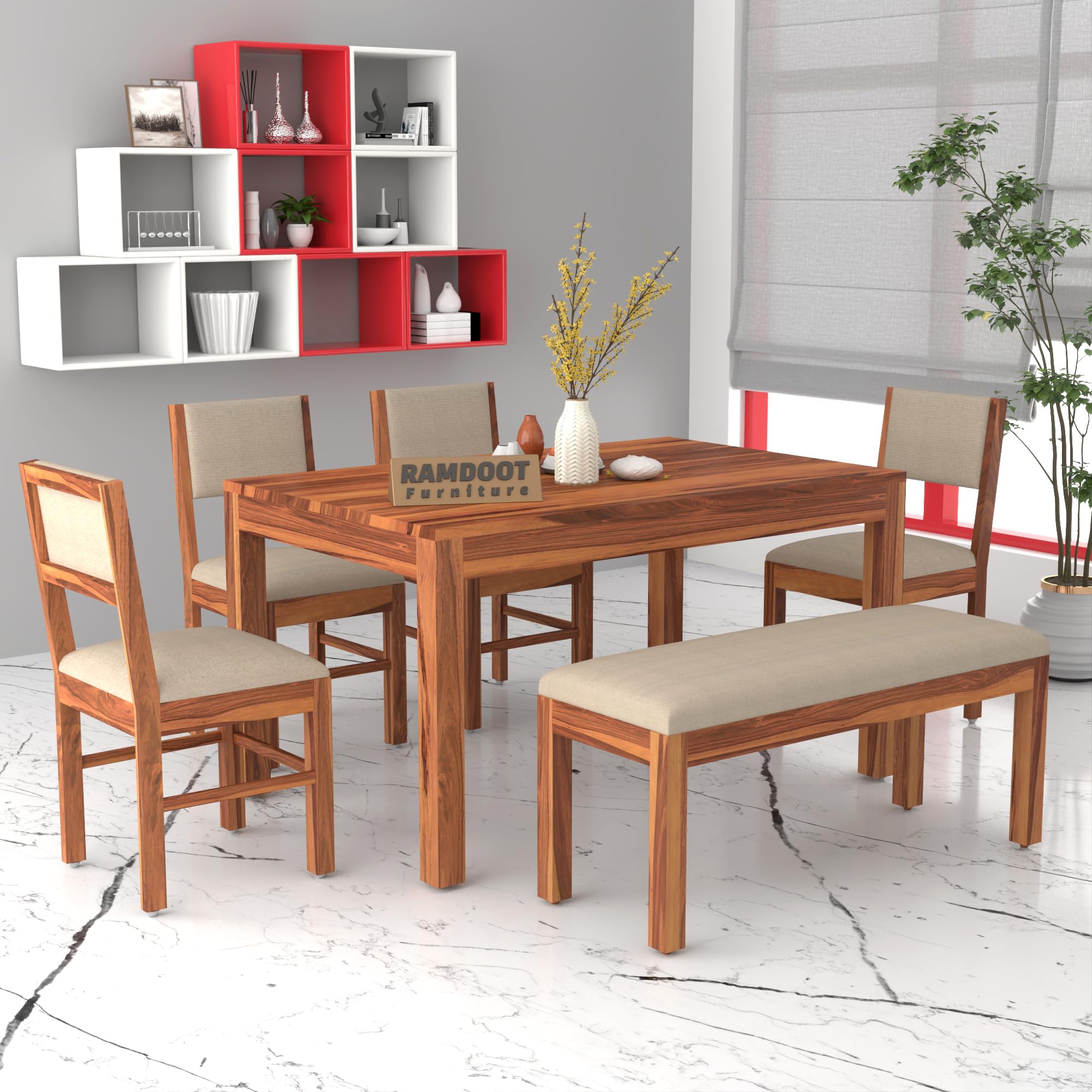 Solid Sheesham Wood 6 Seater Dining Table Set | Six Seater Dinner Table with 4 Cushions Chairs & 1 Bench | Dinning Table Set 6 Seater for Living Room | Wooden Table & Chair Set | Honey Finish