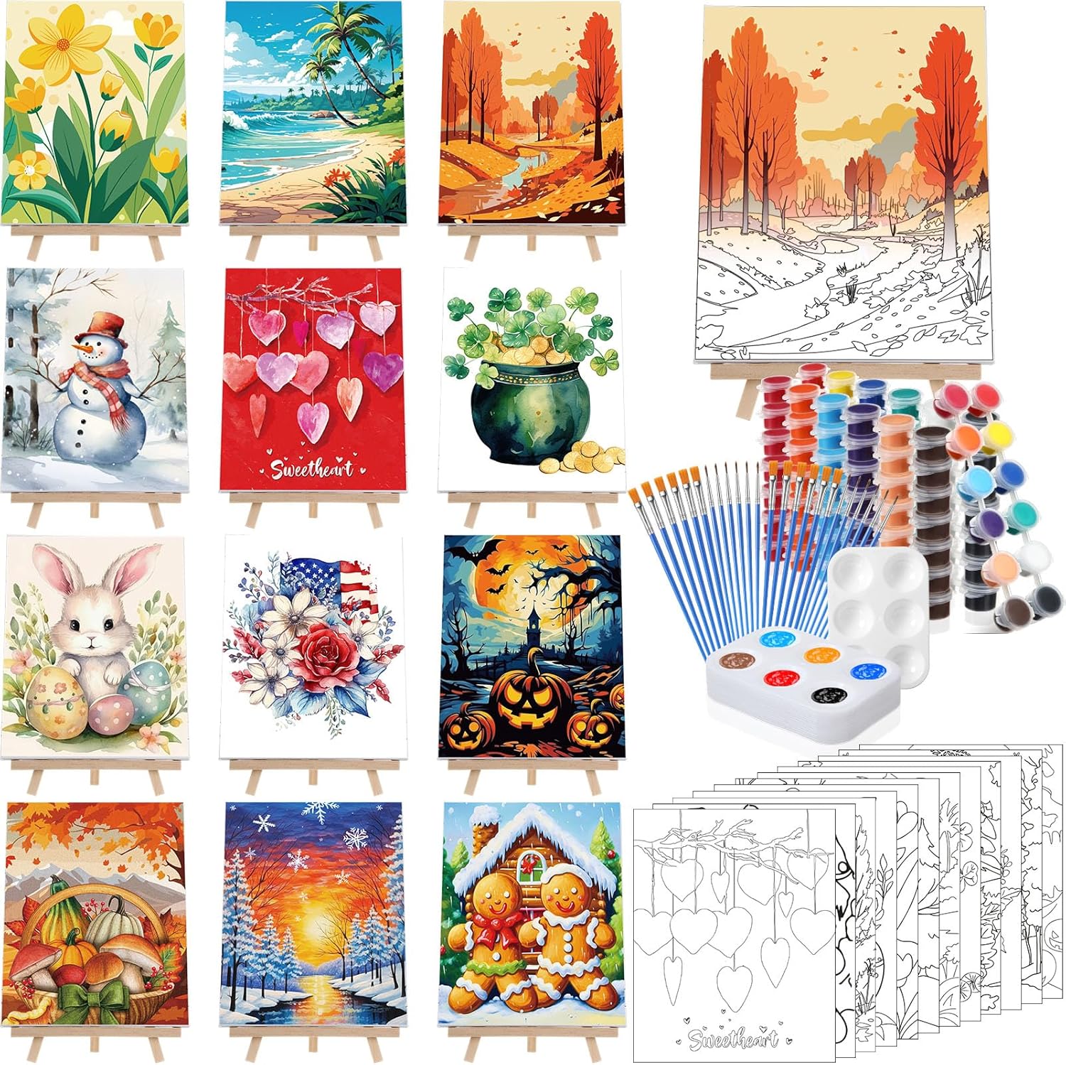 Zhanmai 12 Pack Pre Drawn Canvas for Painting Sip and Paint Kit 8" x 10" Paint Party Set Canvas Painting Pre Printed Canvases for Party Favor DIY Virtual Adult's Date Night(Landscape)