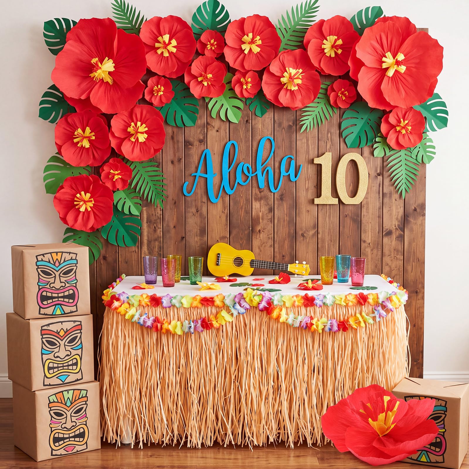 AmazingSpark Lot de 18 pompons géants en papier de soie motif hibiscus hawaïen 45,7 cm, 30,5 cm, 15,2 cm, fleurs hawaïennes, hibiscus rouge, anniversaire, fête prénatale, mariage, fond de soleil