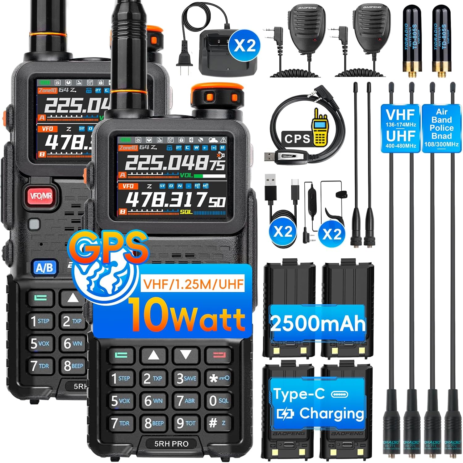 baofeng 5rh pro gps ham radio 10w high power, vhf/1.25m/uhf (4psc batteries, 8 antennas), 8 bands long range two way radio handheld, aprs, air band,noaa,tri band,upgrade of baofeng 5rm 2 pack full kit 5rh pro gps-10watt-2pack
