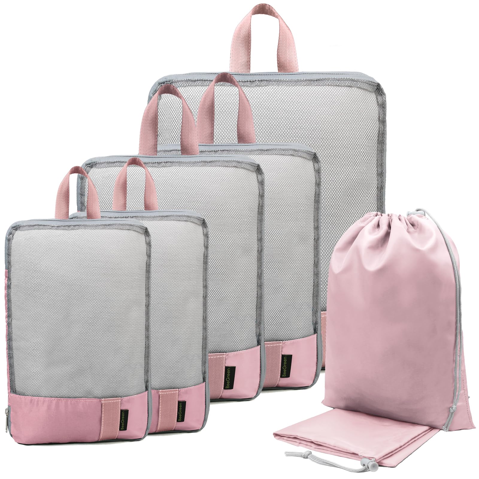 BeeGreen Compression Packing Cubes for Travel 7 Set, Mesh Travel Essentials Bags for Women Men, Travel Accessories for Suitcase Backpack, Expandable Packing Luggage Organizers with Shoe Bag