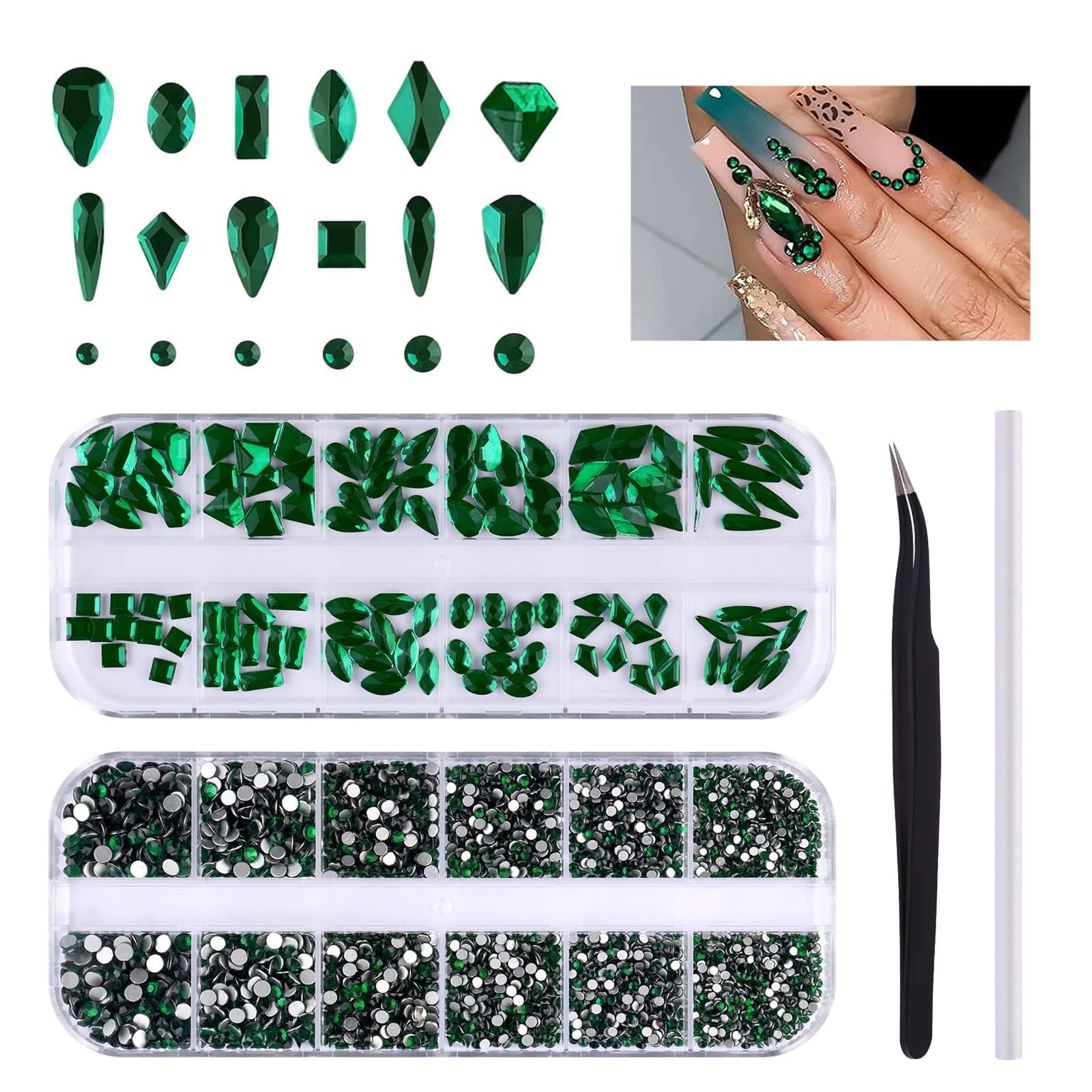EBANKU 3120 Pcs Green Gems Nail Art Rhinestone Kit, Emerald Green Rhinestones Nail Art Crystal Flatback Diamond Jewels with Tweezers and Drill Pen for