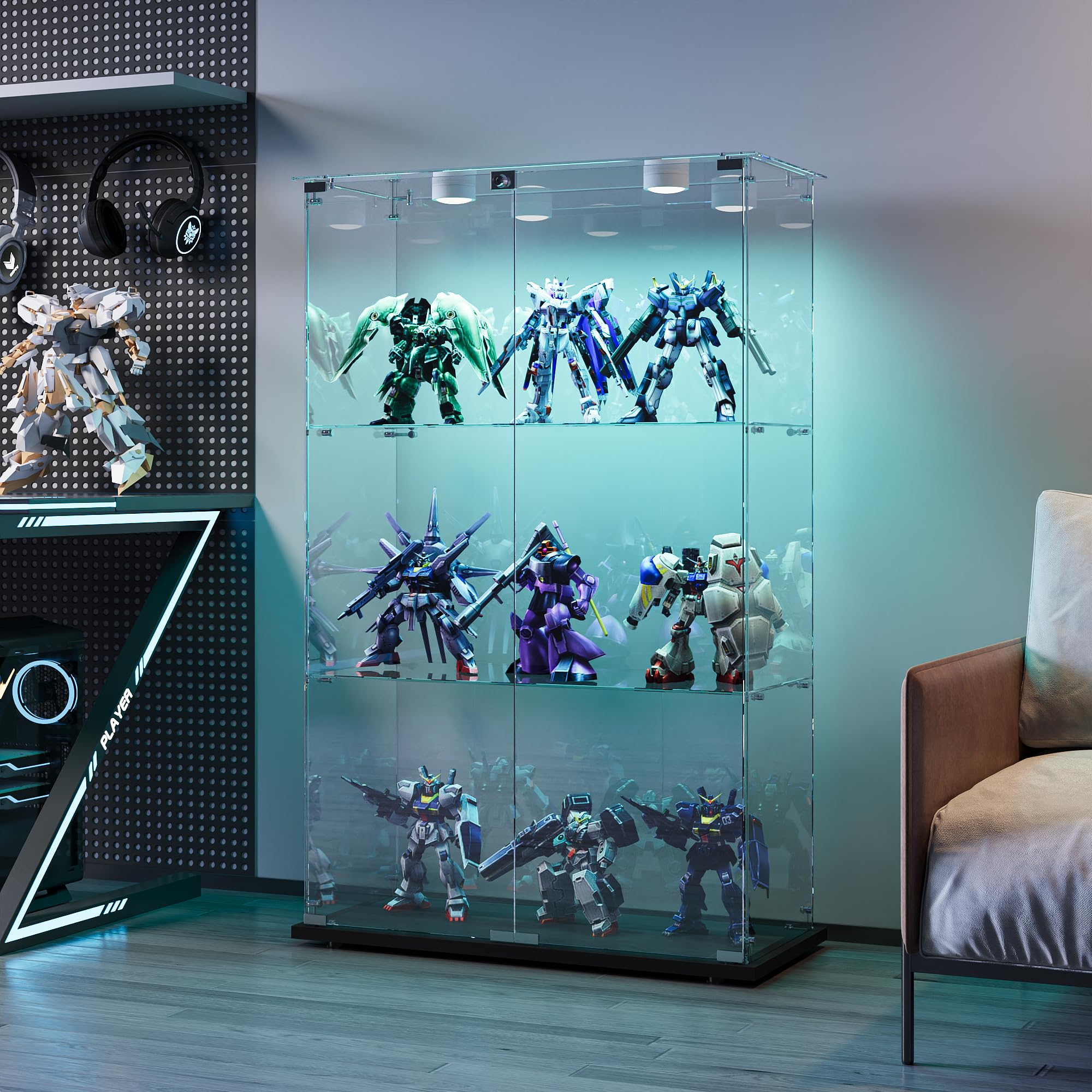 Szklana witryna z diodami LED, 123 x 60 x 35 cm, szklana gablota do kolekcji z 2 drzwiami i 3 warstwami szklanej płyty, z zamkiem bezpieczeństwa, do baru, salonu