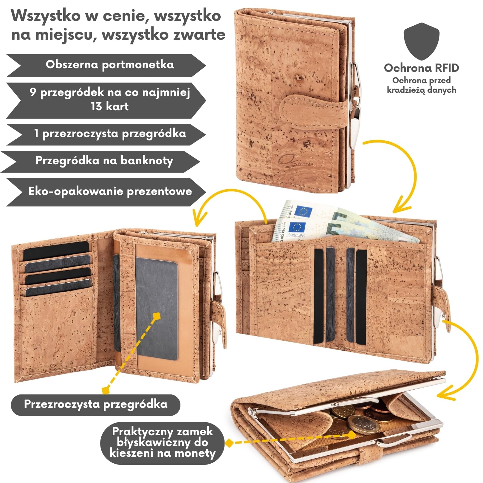 Simaru Wegański portfel damski z korka z metalowym zatrzaskiem i ochroną RFID | Okienko na dowód, przegródki na karty i kieszeń na bilon | Naturalny korek 9x12 cm | Wysoka jakość i dbałość o (Beżowy)