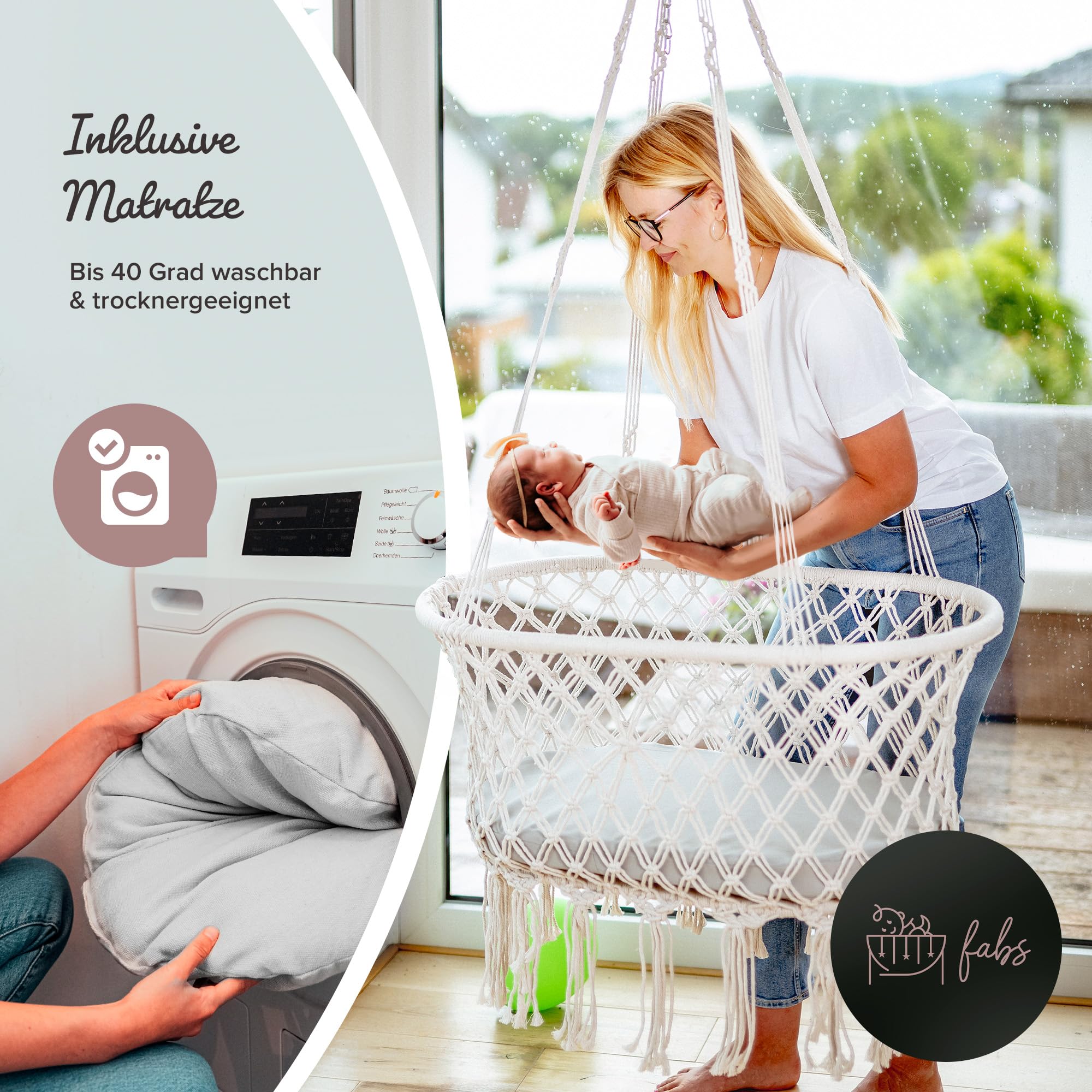 fabs Baby Wiege, Schöner Moseskorb zum Schlafen & Beruhigen, Hängewiege im Makramee Look, Hochwertiges Hängebett, Das Babybett für Tag -Nacht