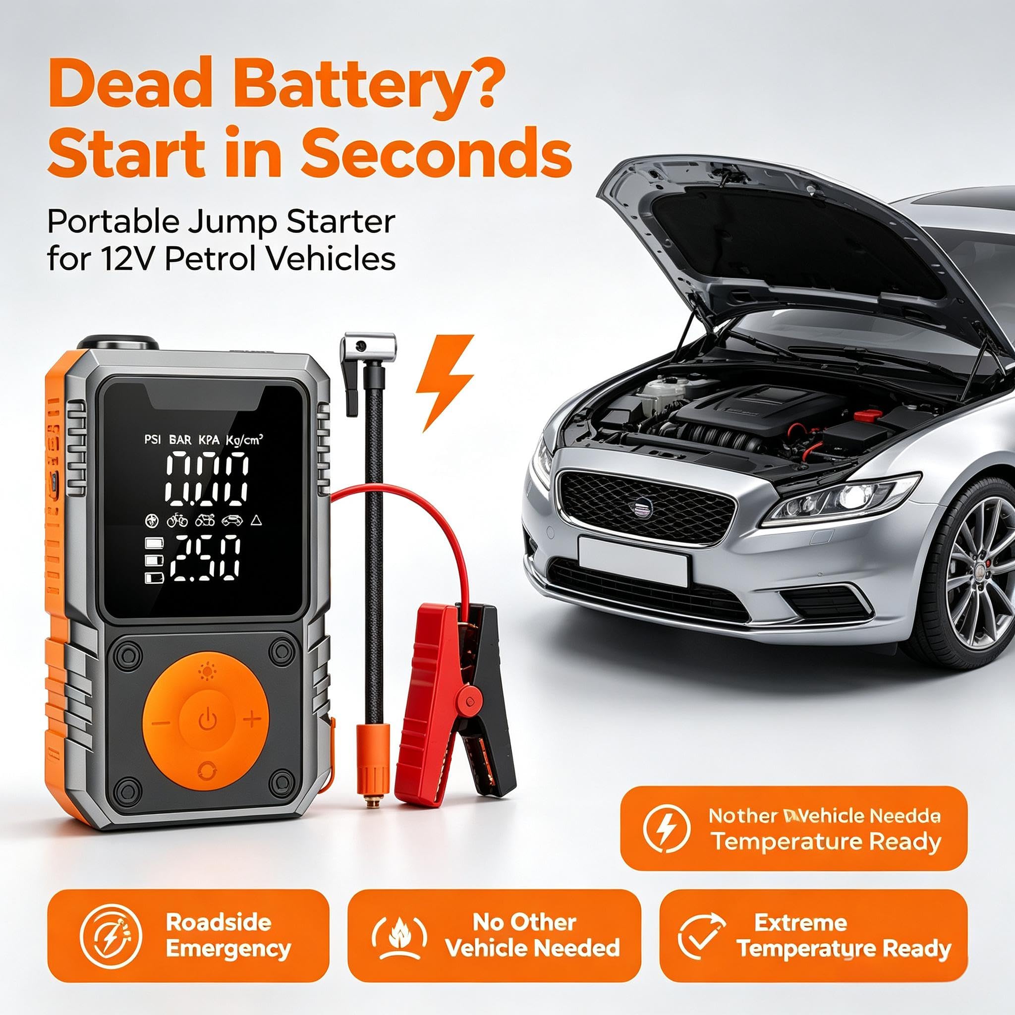 Arrancador de Coche portátil y compresor de Aire con Banco de energía de 7200 mAh, inflador de neumáticos de 150 PSI, Amplificador de batería de vehículo de 12 V, luz LED, Carcasa ABS