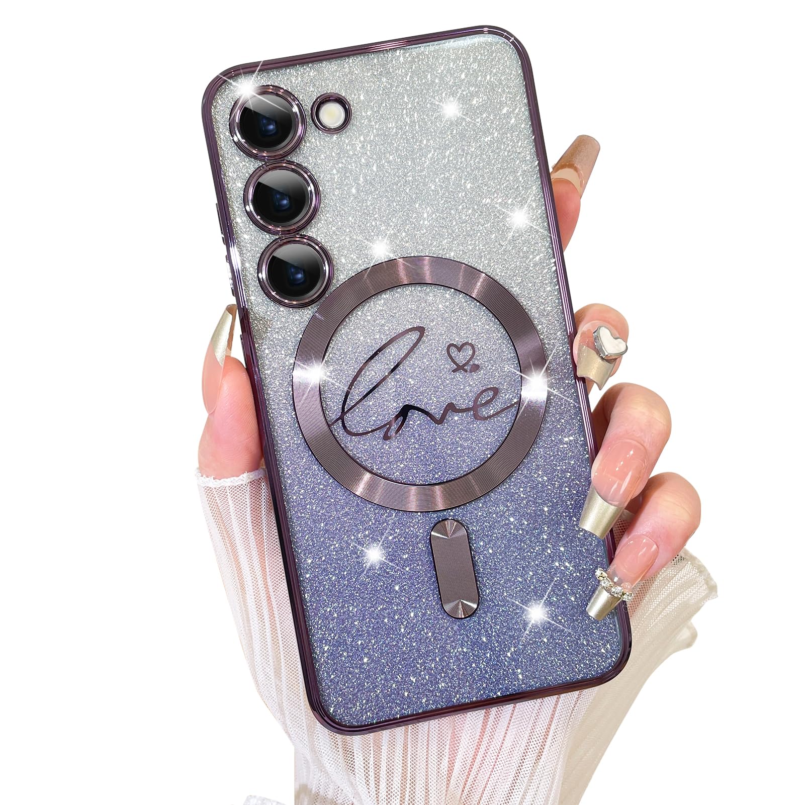 Fiyart Designed for Samsung Galaxy S23 Case,Compatible with MagSafe Love Heart Plating Camera Protection Clear Glitter Magnetic for Women Girls