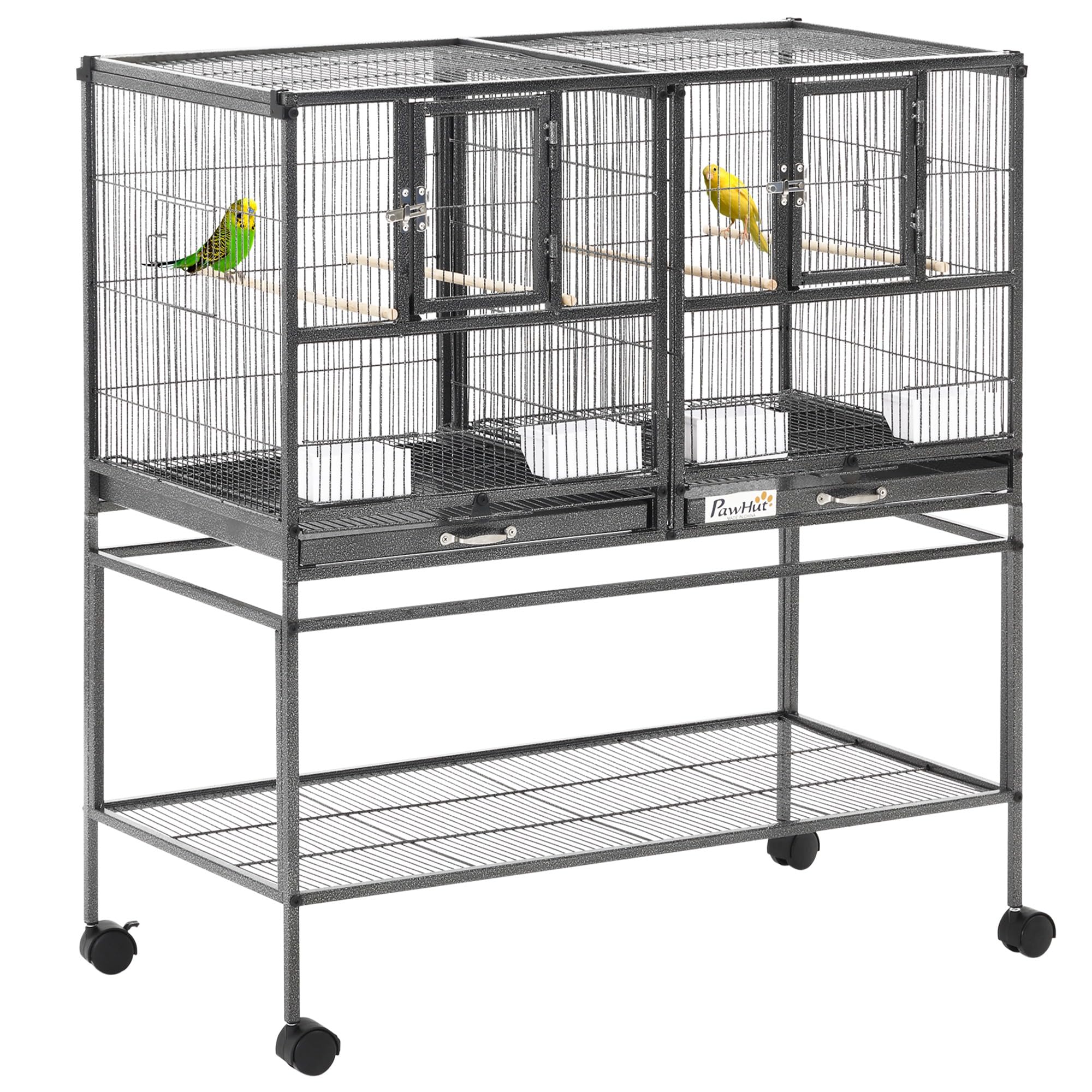 PawHut Cage à Oiseaux avec séparation mangeoire et perchoir 95L x 45,5l x 102H cm Noir et Gris