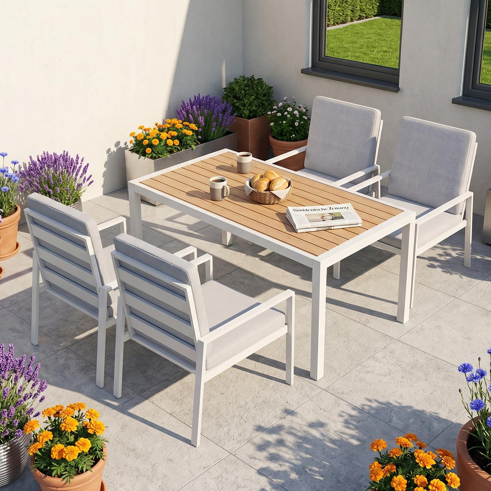 LANOX Gartenmöbel Set mit Tisch & 4 Stühlen – 5-teiliges Garten Essgruppe aus Metall & Aluminium, 140×80 cm Gartentisch, wetterfest, mit Kissen & WPC Tischplatte, Weiß