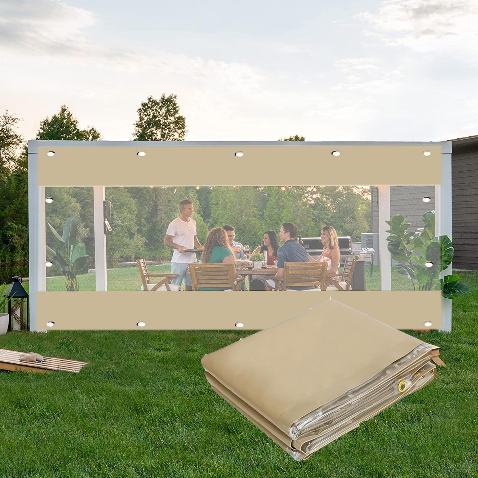 Transparente Outdoor-Plane, Überdachung, wetterbeständig, PVC-Vorhang für Terrasse, Pavillon, Seitenteile, beige, wasserdichte Abdeckung, einfache Installation, Größe