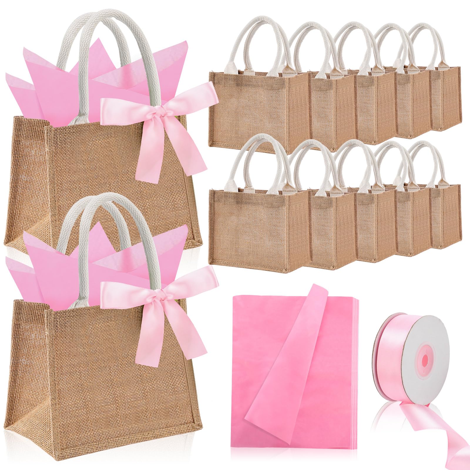 Shinylin 12 Pack Burlap Tote Bags Bulk with Handles Small Wedding Jute Tote Bag with Pink Tissue Paper & Ribbon, Reusable Party Favor Bags for